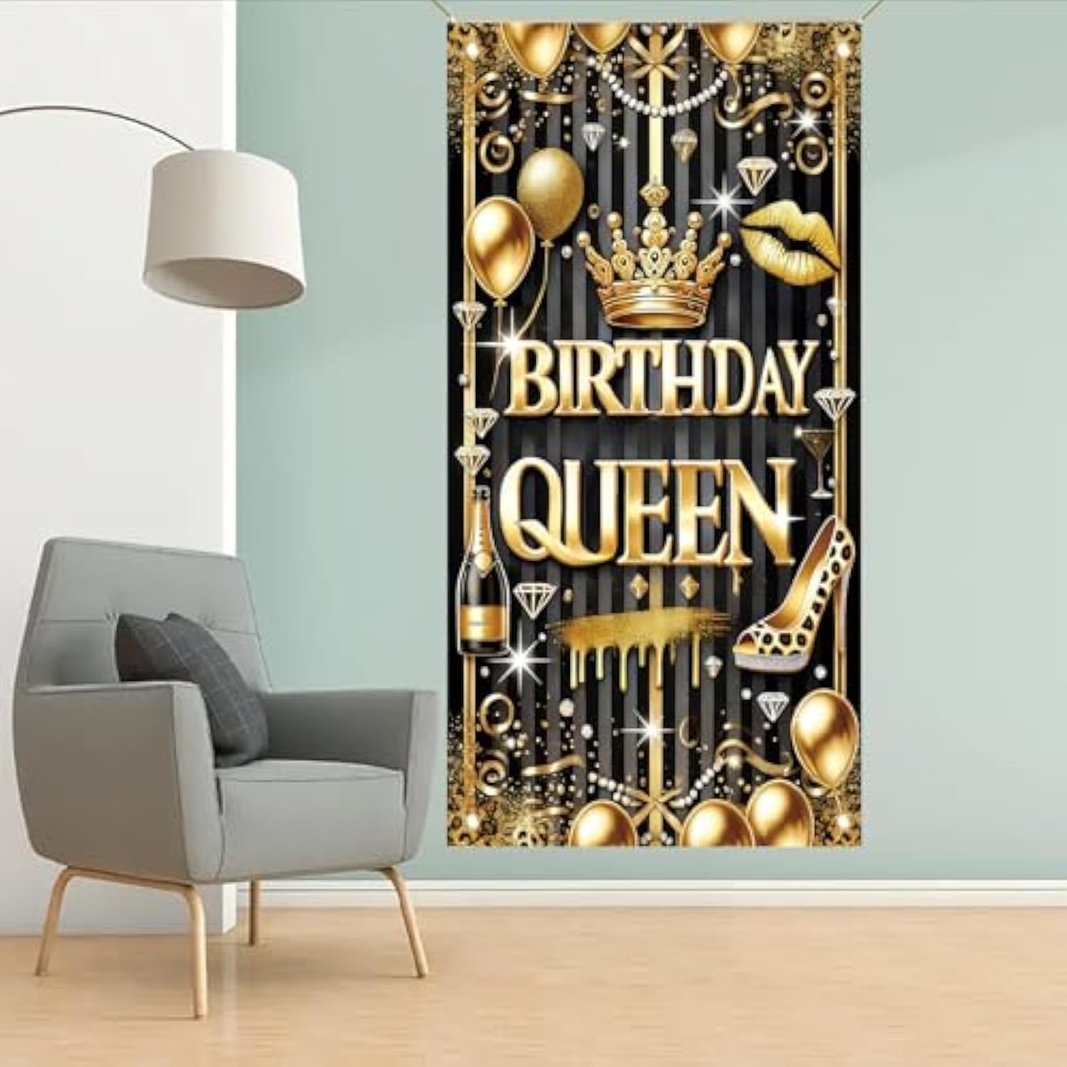 Black Gold Birthday Queen Door Cover Banner 71 X 35 Inch Happy Birthday Backdrop Photography Background Decoration For Women Girls Birthday Party Home Outdoor Decor