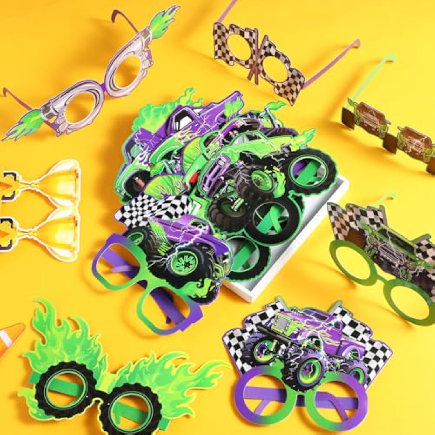 32 Pcs Monster Truck Party Decorations Eyeglasses Car Paper Eyeglasses Purple And Green Paper Glasses Jam Themed Props Photo Booth For Monster Truck Party Favors Baby Shower Birthday Supplies