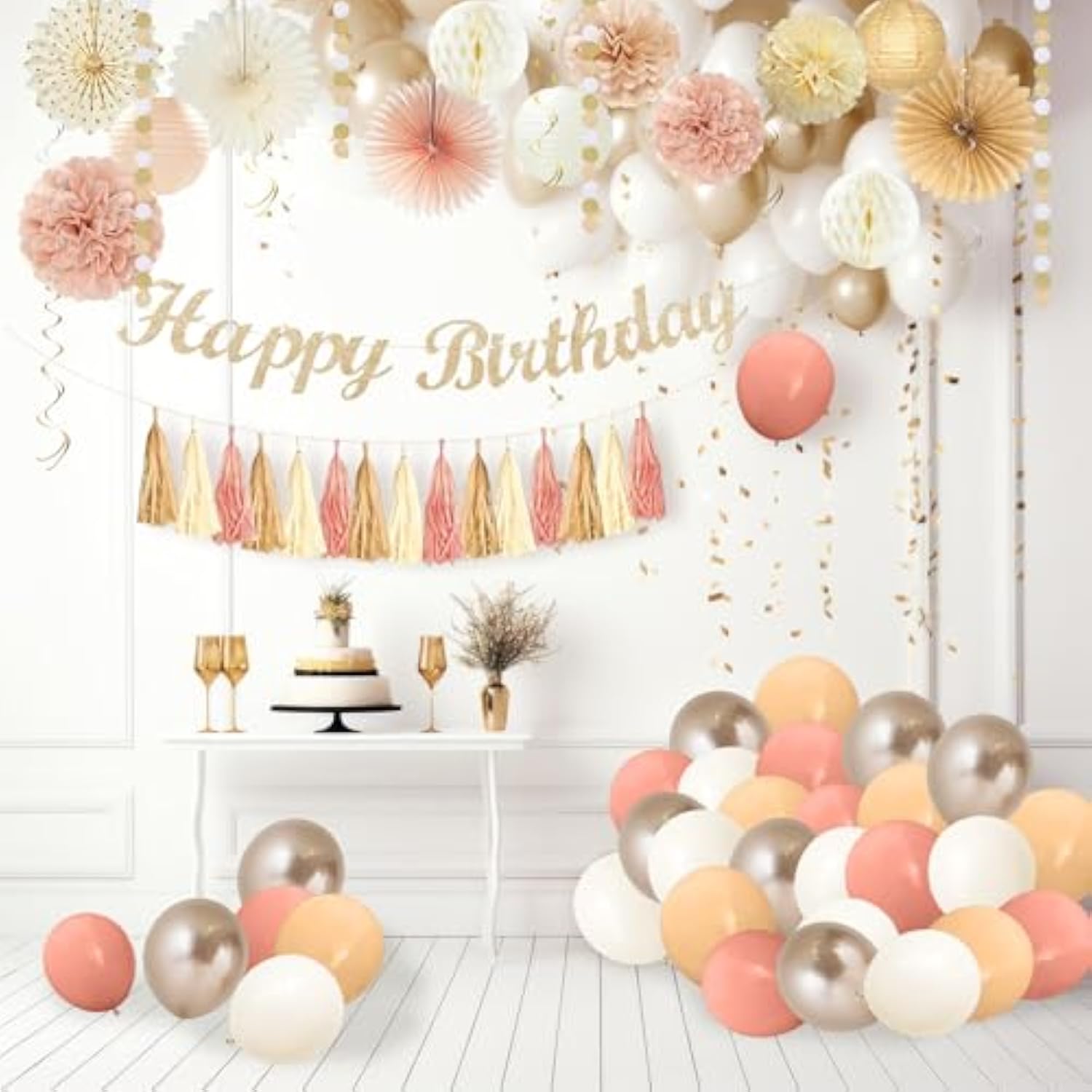 Boho Birthday Decorations, Happy Birthday Banner, Tassel Garland, Peach Paper Lanterns, Tissue Pom Poms Fan, With Beige Dusty Pink Balloon Garland For Women Grils Boho Birthday Decor Party Supplies