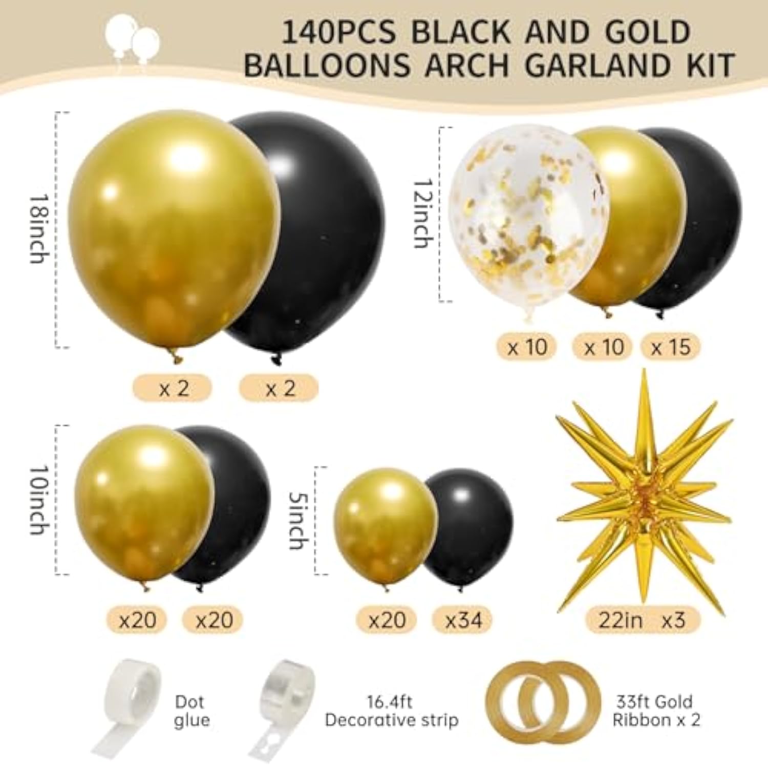 140Pcs Black Gold Balloons Set – Confetti & Star Balloons for Party Decor