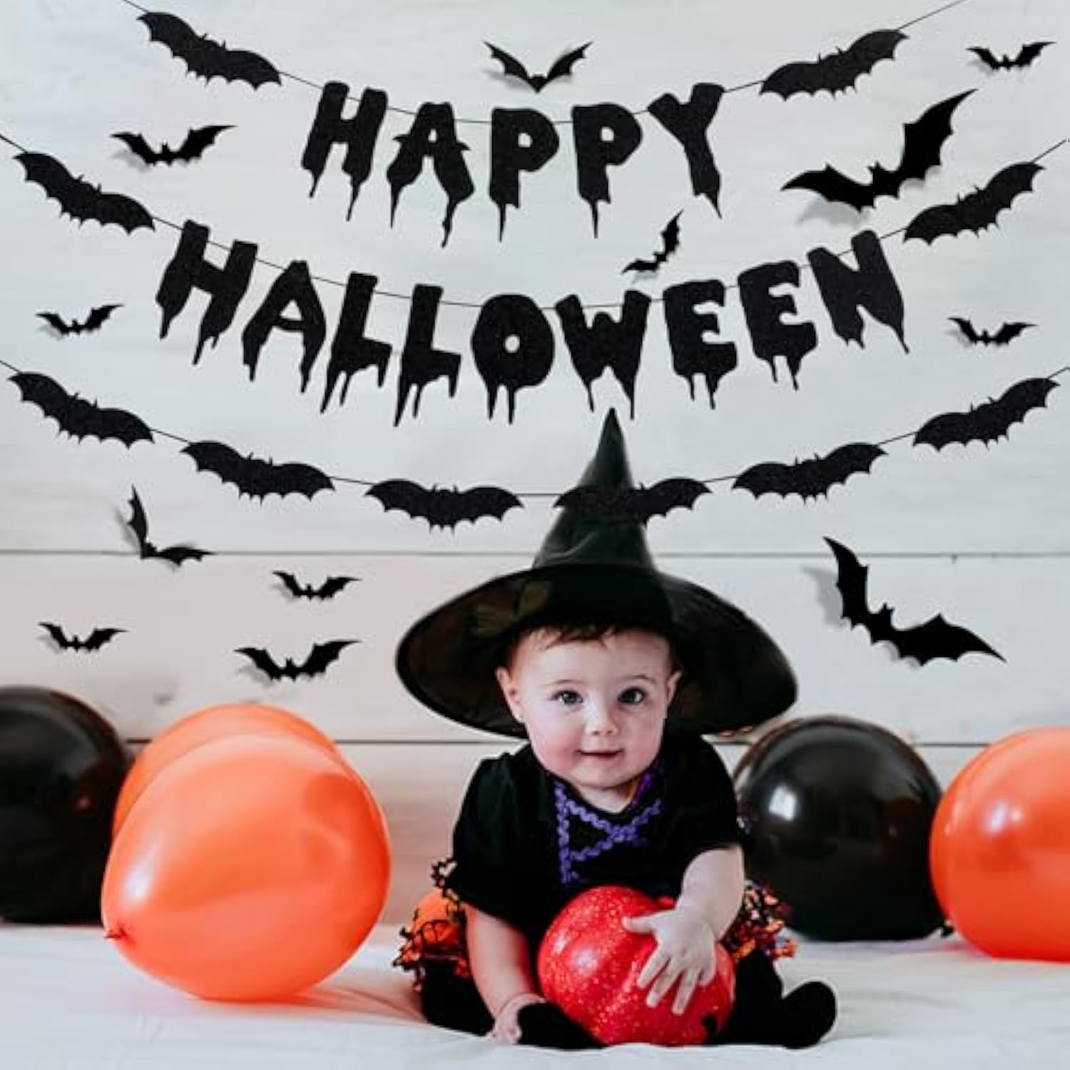 Black Glitter Happy Halloween Banner Bat Garland Wall Decals Haunted House Decor