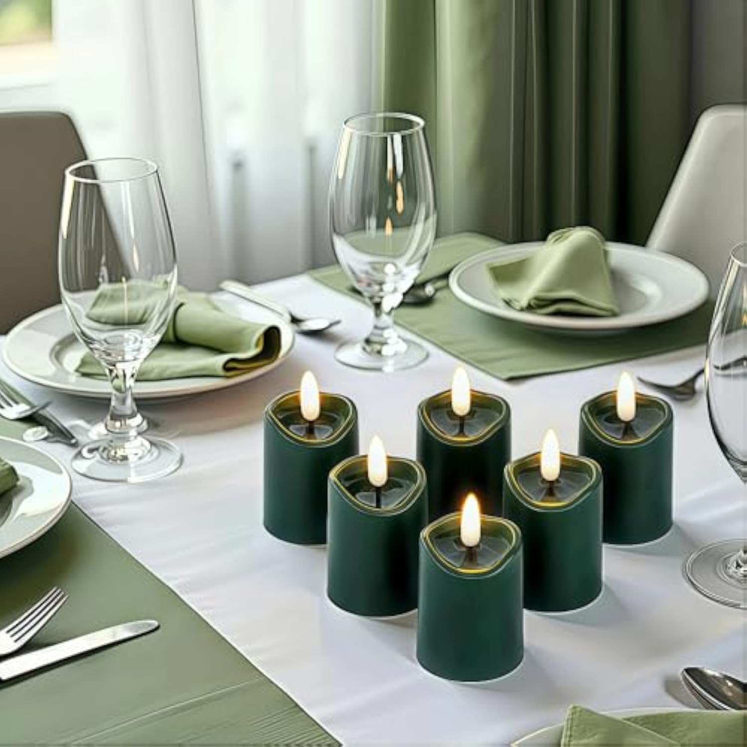 Simplelight Green Flameless Votive Candles With Timer, Realistic Black Wick Advent Wreath Candles Battery Operated, Battery Included, D 1.8” X H 3.1”, Set Of 6 For Christmas Decoration(Green)