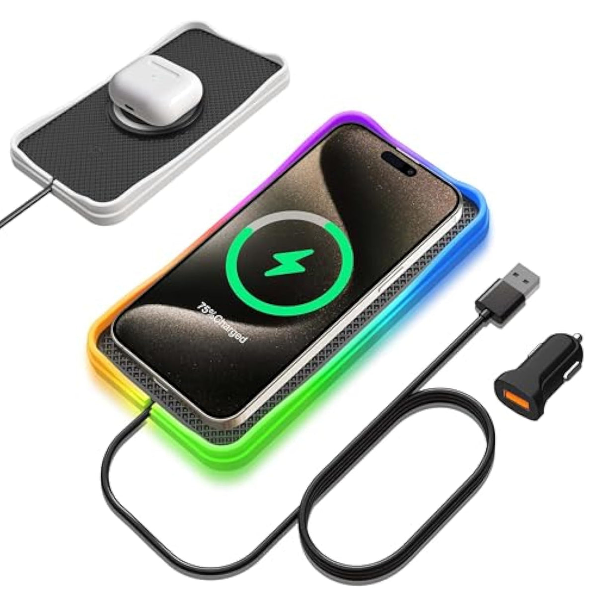 Wireless Charging Pad For Car, Rgb 15W Fast Non Slip Usb Wireless Car Charger Pad [20W Car Charger Incl] For Airpods Iphone 15 13 12 11 Xr X 8,Samsung S20 S10 Plus Galaxy Note 9 Android