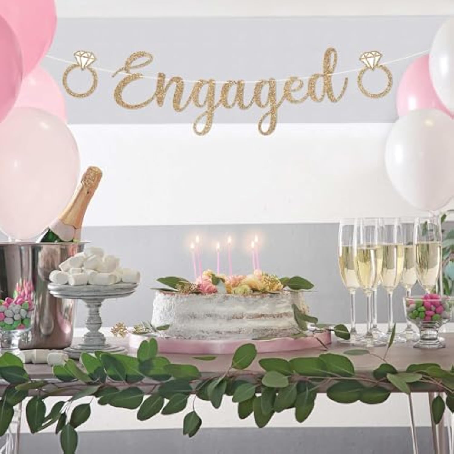 Pre-Strung Engaged Banner - No Diy - Gold Glitter Wedding Engagement Bridal Shower Banner - Pre-Strung On 8 Ft Strand - She Said Yes, Bride To Be, Happy Engagement Party Decorations - No Diy