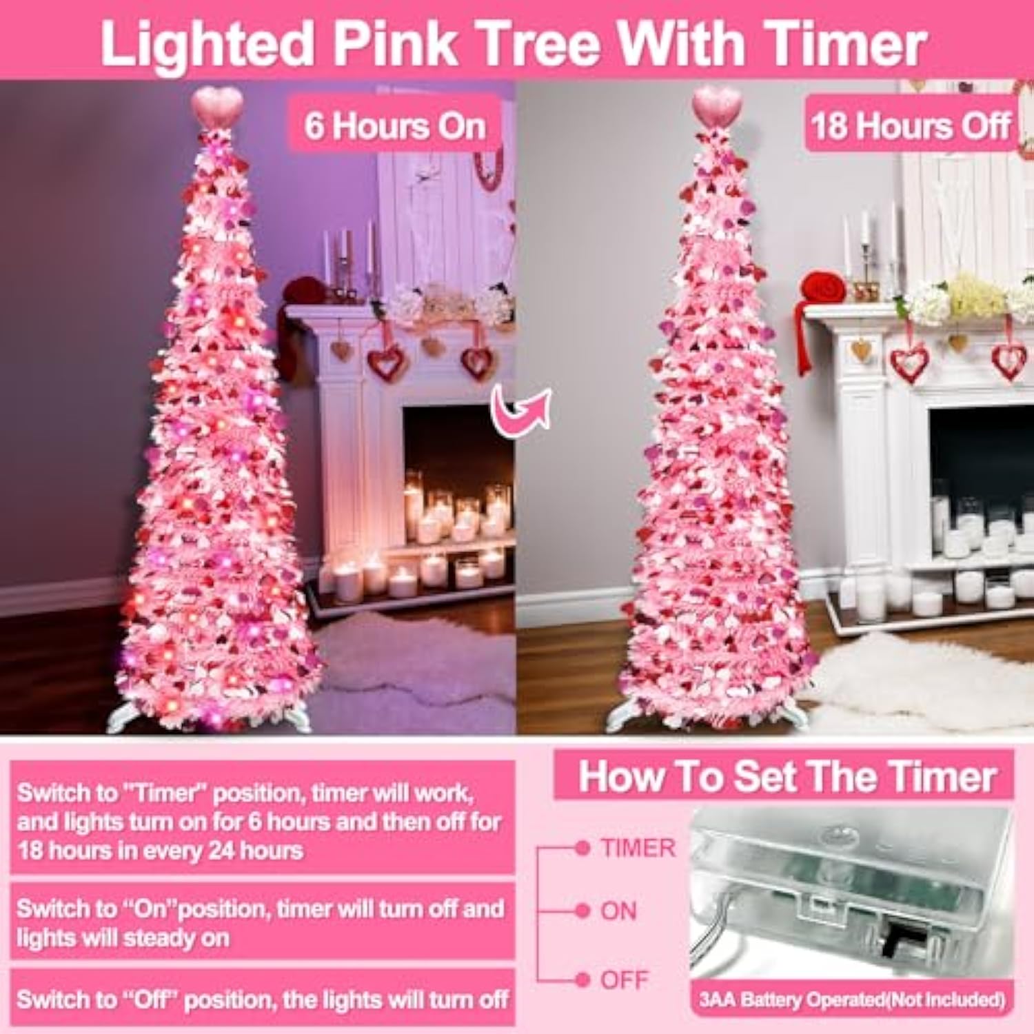 Valentines Day Decorations 5Ft Pink Valentines Christmas Tree With Lights Timer Battery Operated Pop Up Artificial Tree With Heart Ornaments, Heart Topper Decorations For Indoor Home Outdoor Office