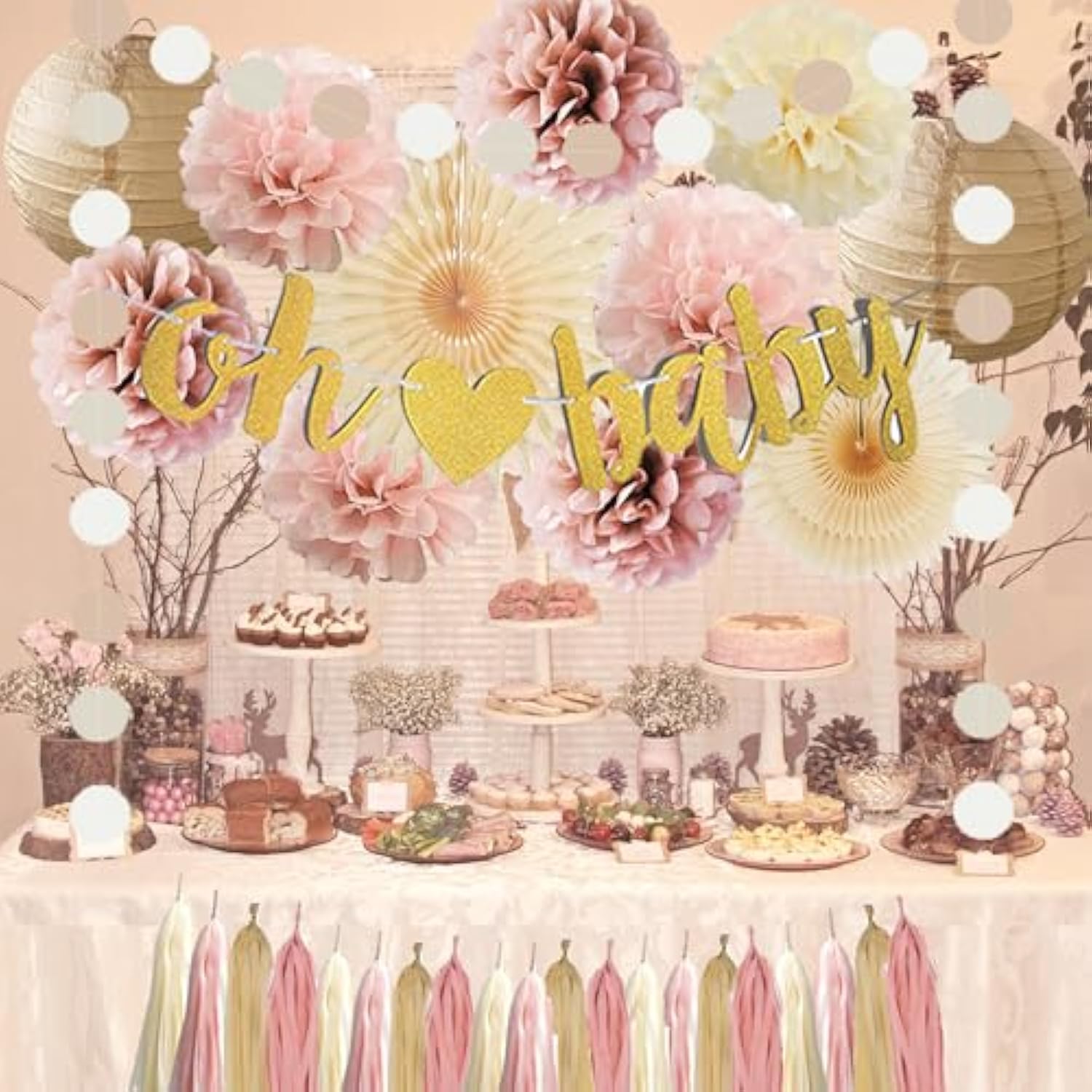 Dusty Rose Boho Pink Baby Shower Decorations For Girl Champagne Brown Neutral Oh Baby Shower Decorations Beige And Pink Gender Reveal Party Decor With Tissue Paper Pom Poms Cream Boho Tassel Garland