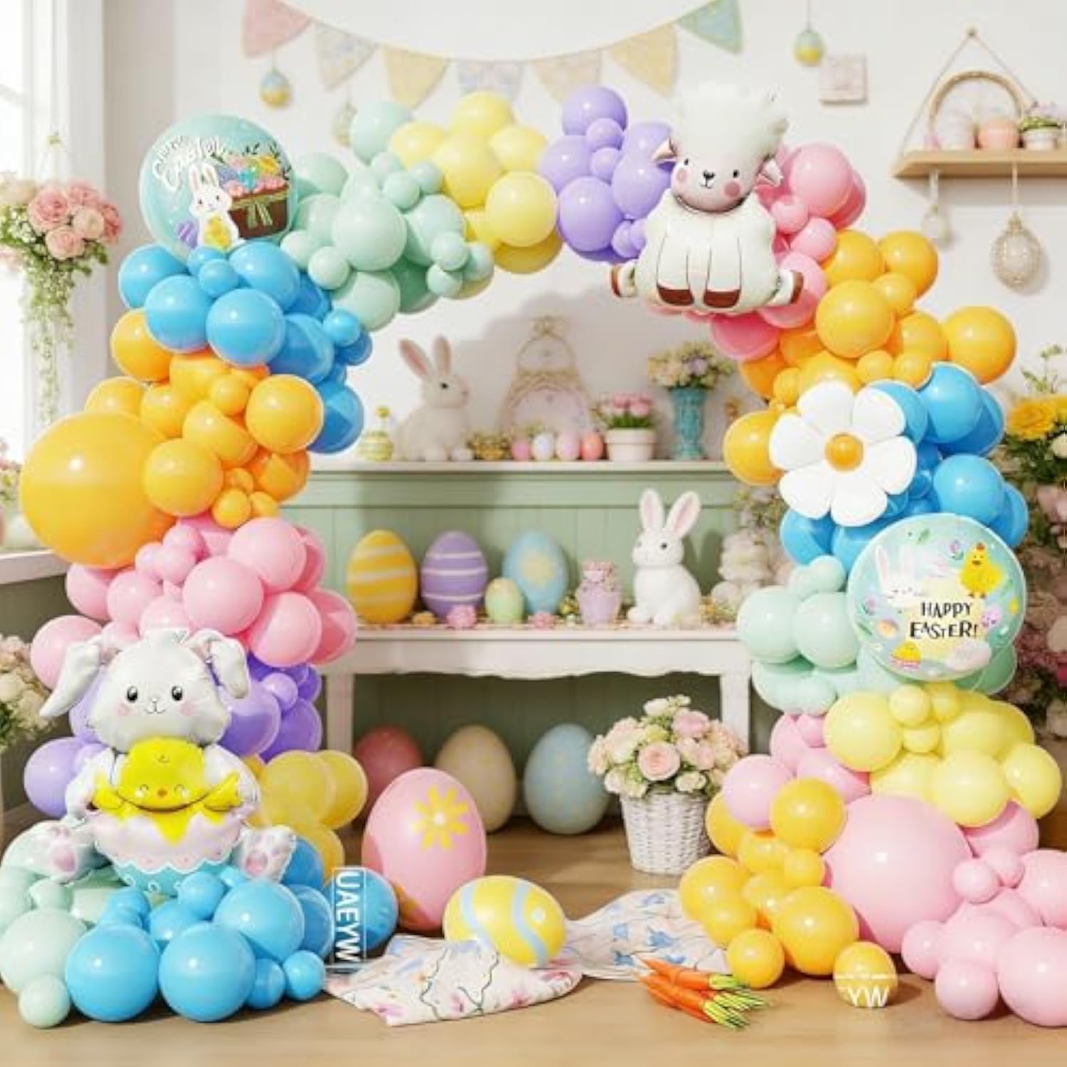 Easter Balloon Arch Kit Garland, 139Pcs Pastel Rainbow Balloons With Bunny Lamb & Daisy Balloon For Easter Spring Birthday Baby Shower Party Decorations Easter Egg Hunt