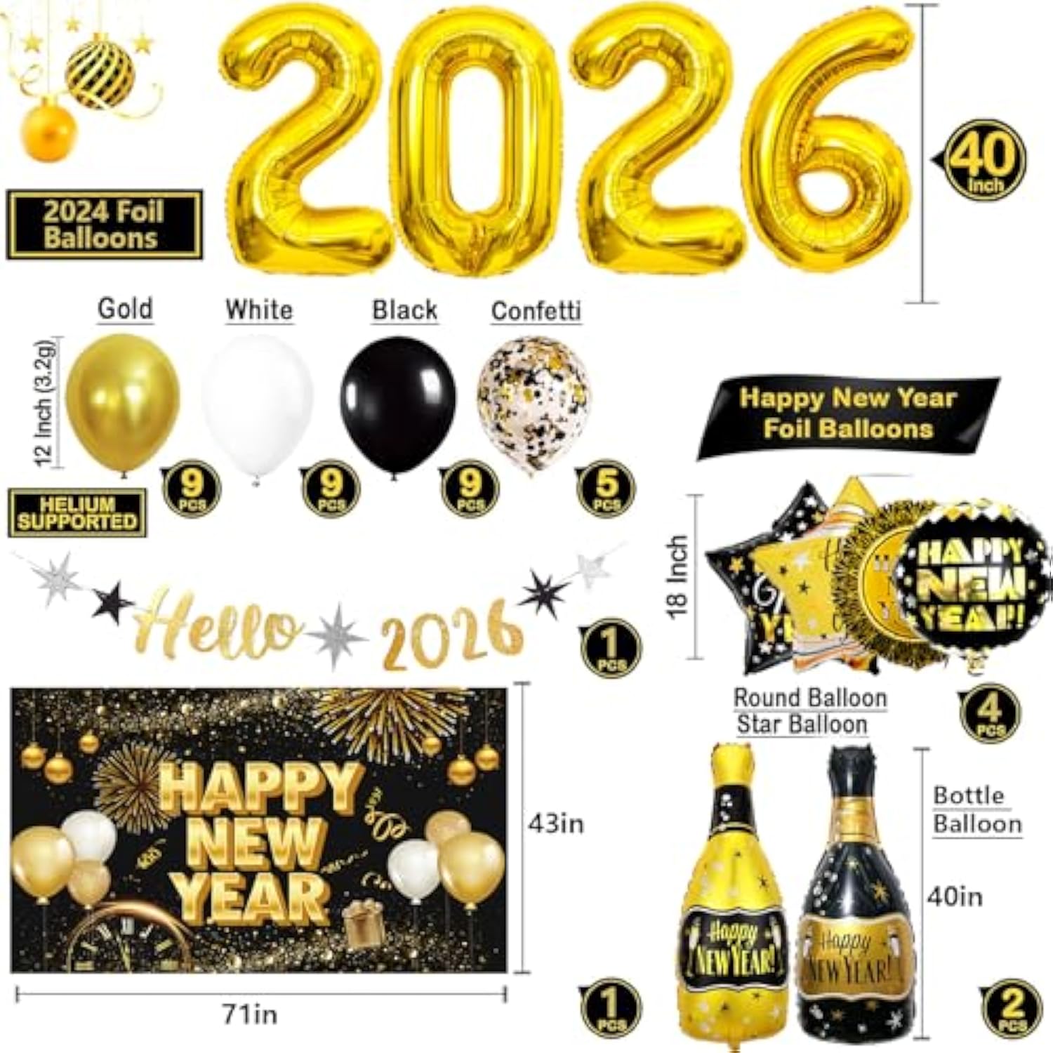 47pcs New Year 2026 Party Decorations with Balloons Banner Backdrop