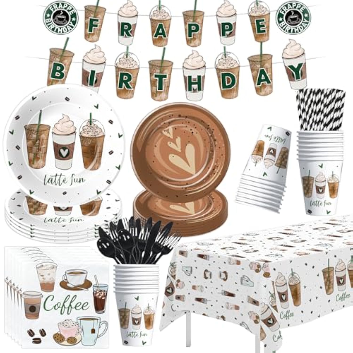 Coffee Party Decorations, Latte Fun Coffee Birthday Party Supplies, Paper Plates And Napkins Table Decorations, Cups, Tablecloth, Frappe Birthday Banner, Disposable Cutlery, Serves 24