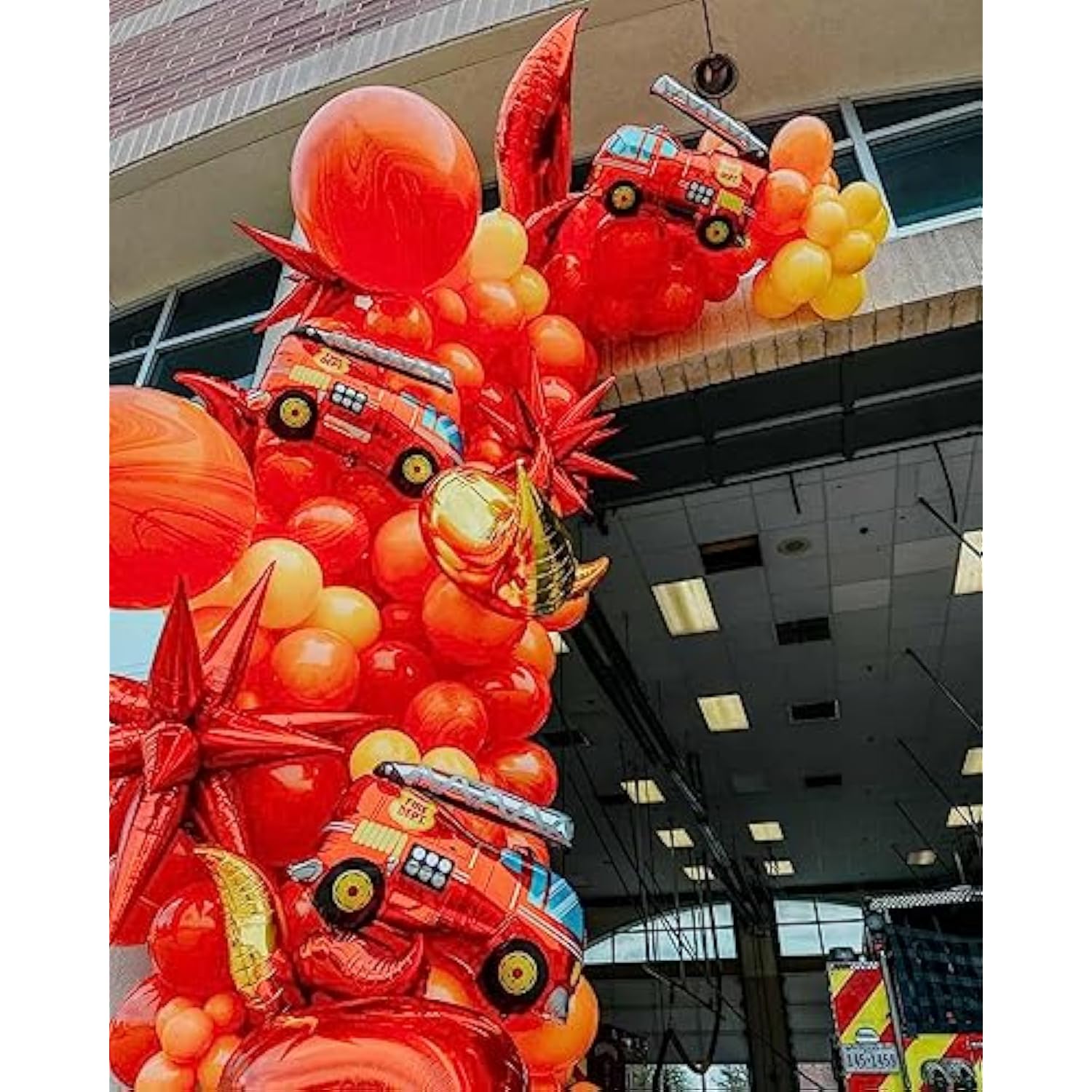 Fire Balloon Garland Arch Kit, 144Pcs Red Yellow Chrome Gold Balloons With Fire Truck Foil Balloons For Fireman Party Supplies Birthday Firefighter Rescue Themed Party Decoration (Fire)
