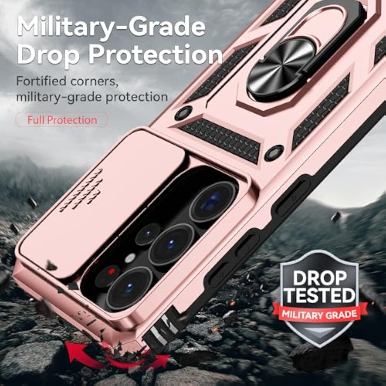 Galaxy S26 Ultra Case with Camera Cover, Military Grade 16ft Drop Tested Cover with Magnetic Kickstand Protective Case for S26 Ultra (Rose Gold)
