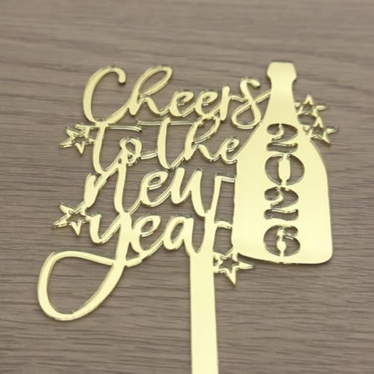 Cheers to New Year 2026 Cake Topper Mirror Gold Acrylic Champagne Stars