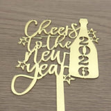 Cheers to New Year 2026 Cake Topper Mirror Gold Acrylic Champagne Stars