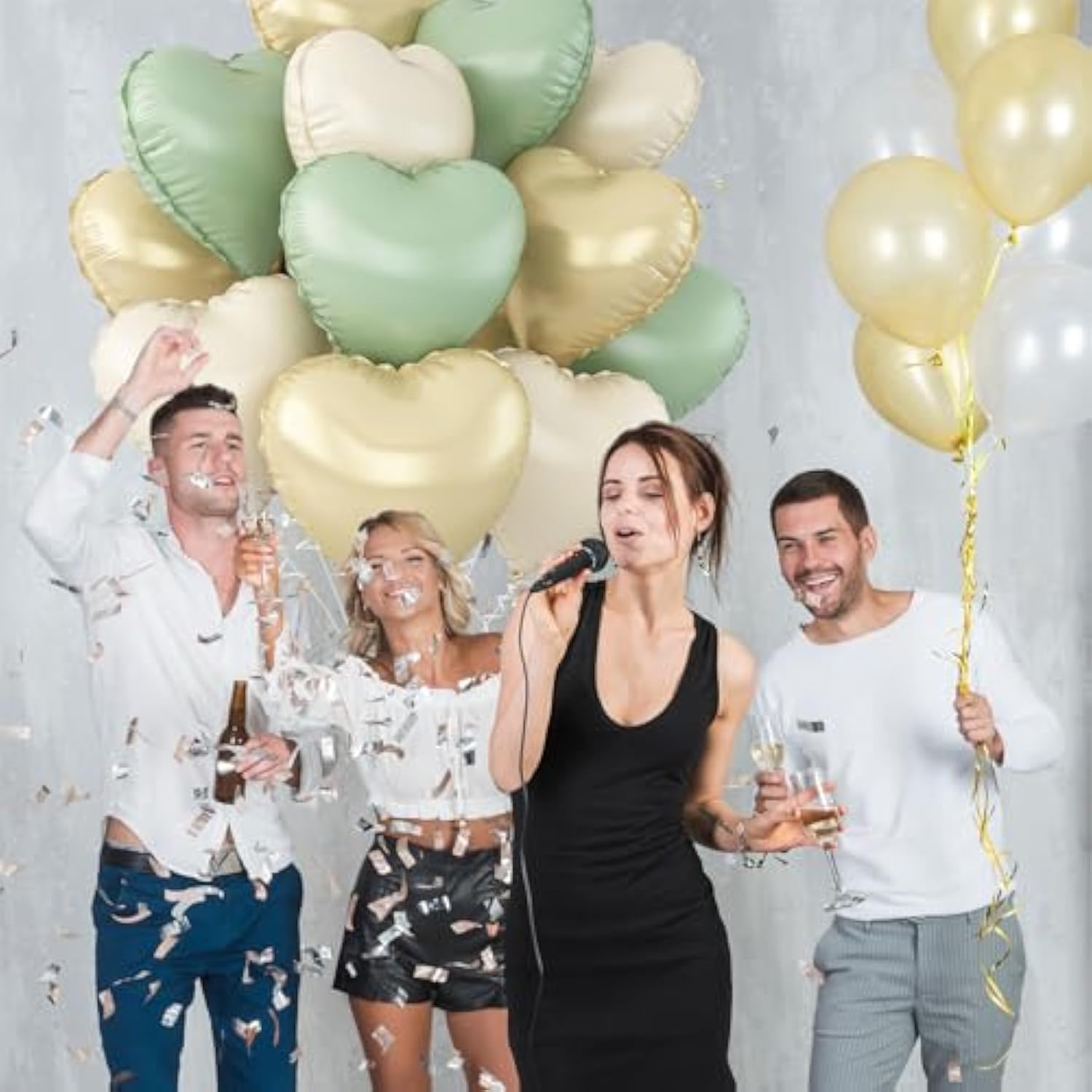 12pcs Sage Green & Gold Heart Balloons, 18" Mylar for Baby Shower Wedding Decor