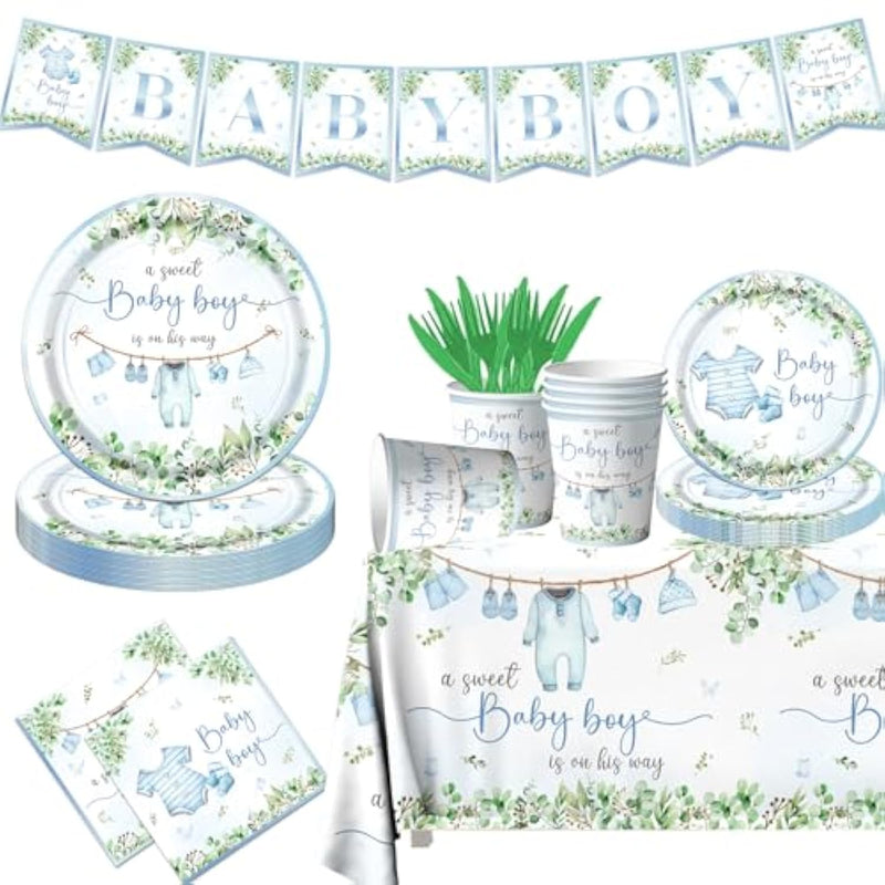 Greenery Baby Shower Tableware Set, Watercolor Blue Boy Plates, Napkins, Cups, Tablecloth For Boy Baby Shower Gender Reveal Supplies