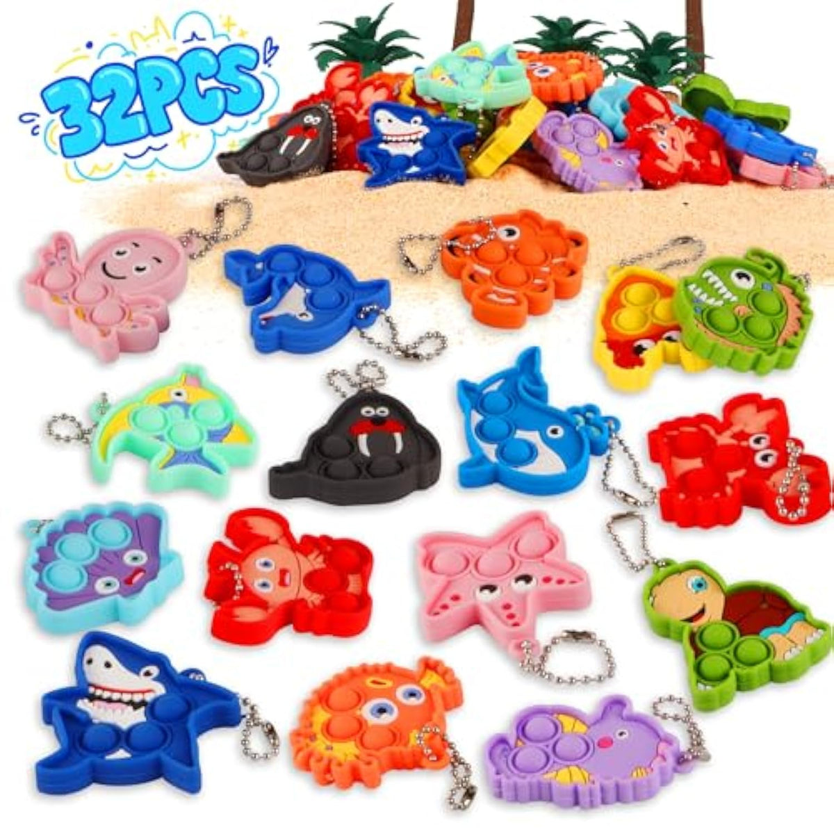 32Pcs Sea Animal Pop Fidget Toys Bulk, Mini Pop Keychain,Party Favors For Kids, Goodie Bag Stuffers,Classroom Prizes,Treasure Box Toys