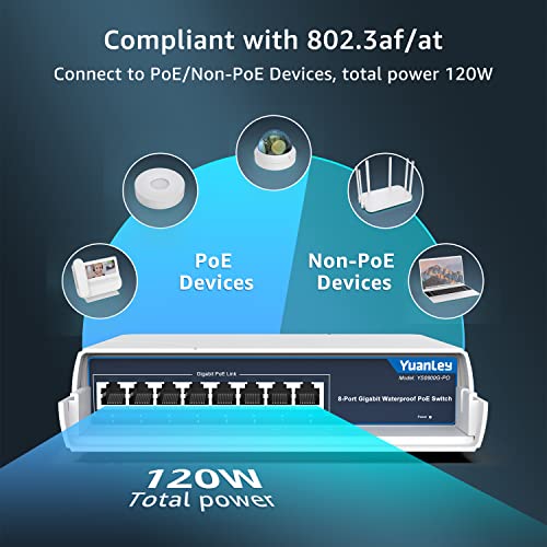 8-Port Poe Switch Gigabit- Waterproof Outdoor Ethernet Unmanaged Network Switch 1000Mbps, 120W Built-In Power, Ieee802.3Af/At Support And Plug & Play, Ideal For Outdoor Use