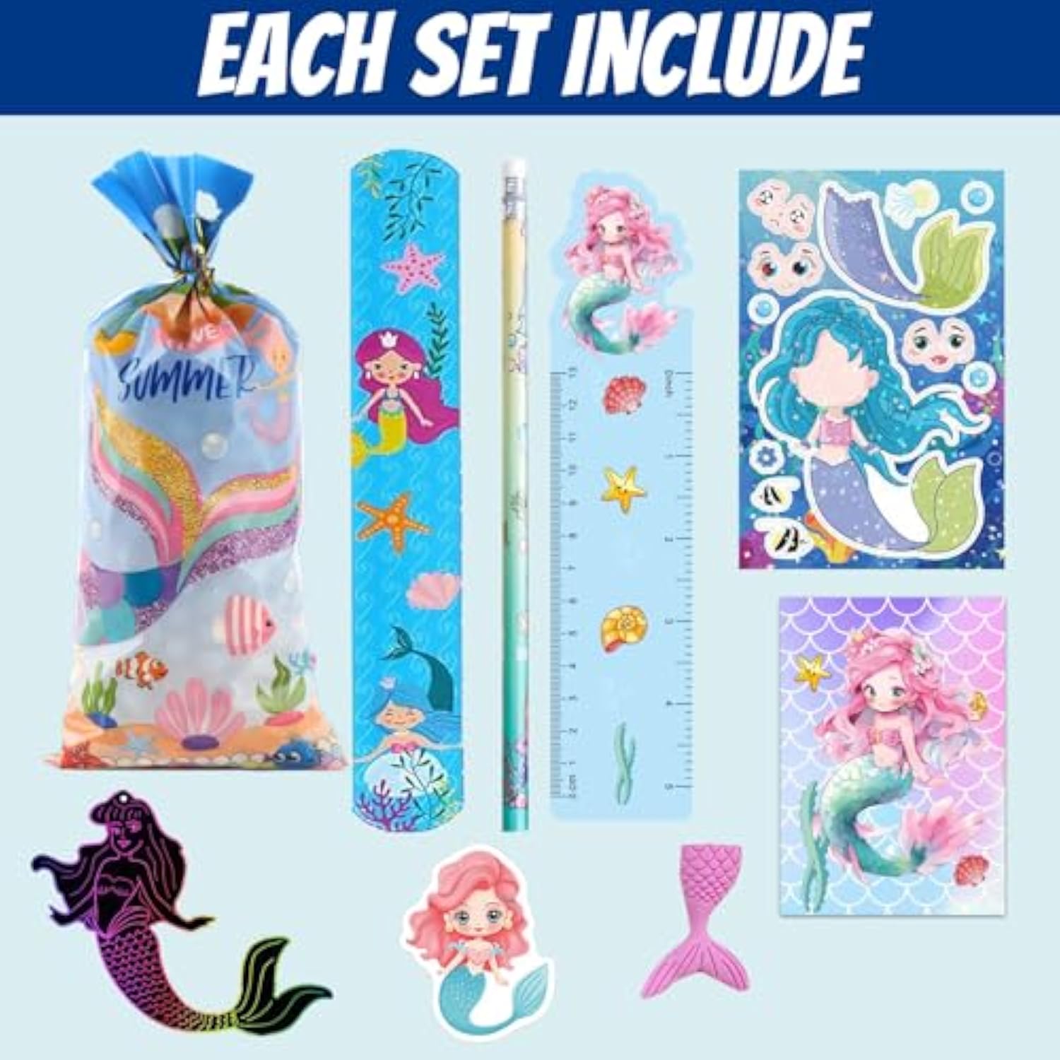 146Pcs Mermaid Party Favors 12 Pack Birthday Party Supplies, Little Mermaid Stationery Set Baby Shower Goodie Bag Stuffers Classroom Rewards For Kids Pinata Fillers