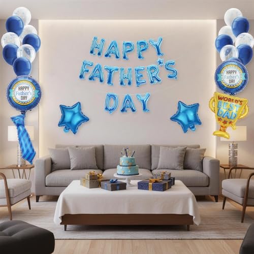 Happy Fathers Day Balloons 44Pcs Father's Day Blue Foil Balloons Banner Five Pointed Star Round Ball Tie Trophy Balloon Happy Fathers day Decorations for Party Supplies