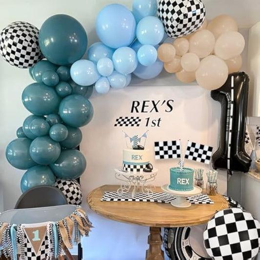 Race Balloon Garland Arch Kit, Dusty Blue Black Balloons with Checkered Balloons for Race Theme Birthday Party Decorations Baby Shower Party Supplies