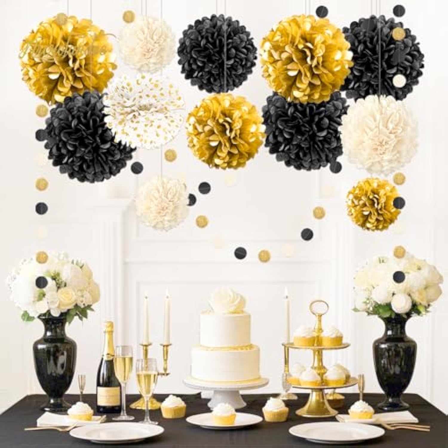 15pcs Black Gold Tissue Paper Pom Poms for 2026 New Year Party Decorations