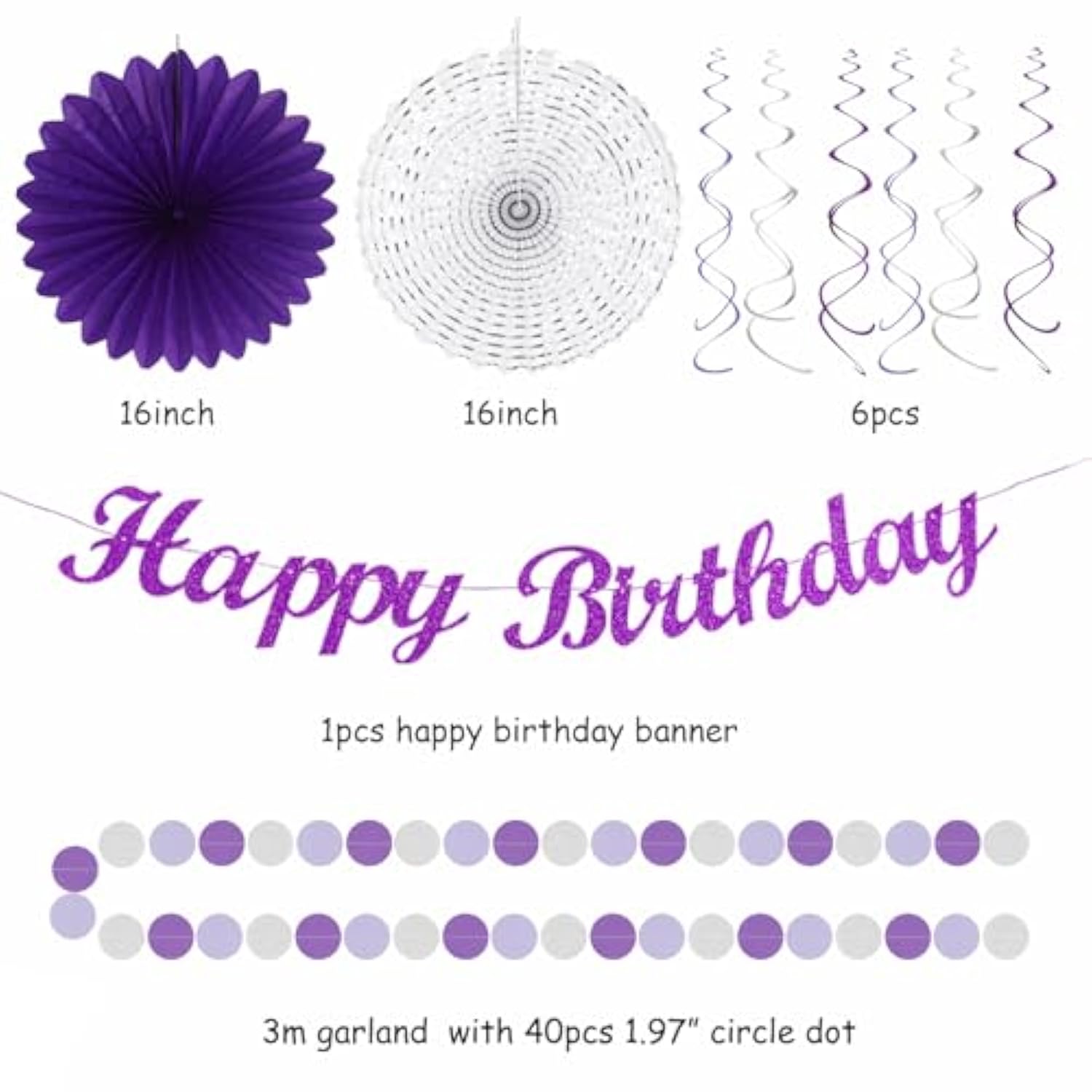 Purple Lilac-Lavender Silver Women Birthday Party-Decorations - 21Pc Happy Banner,Paper Lanterns Streamers,Tissue Pom Poms Honeycomb Flower Fan, Girls Hanging Decor Supplies Garland Backdrop