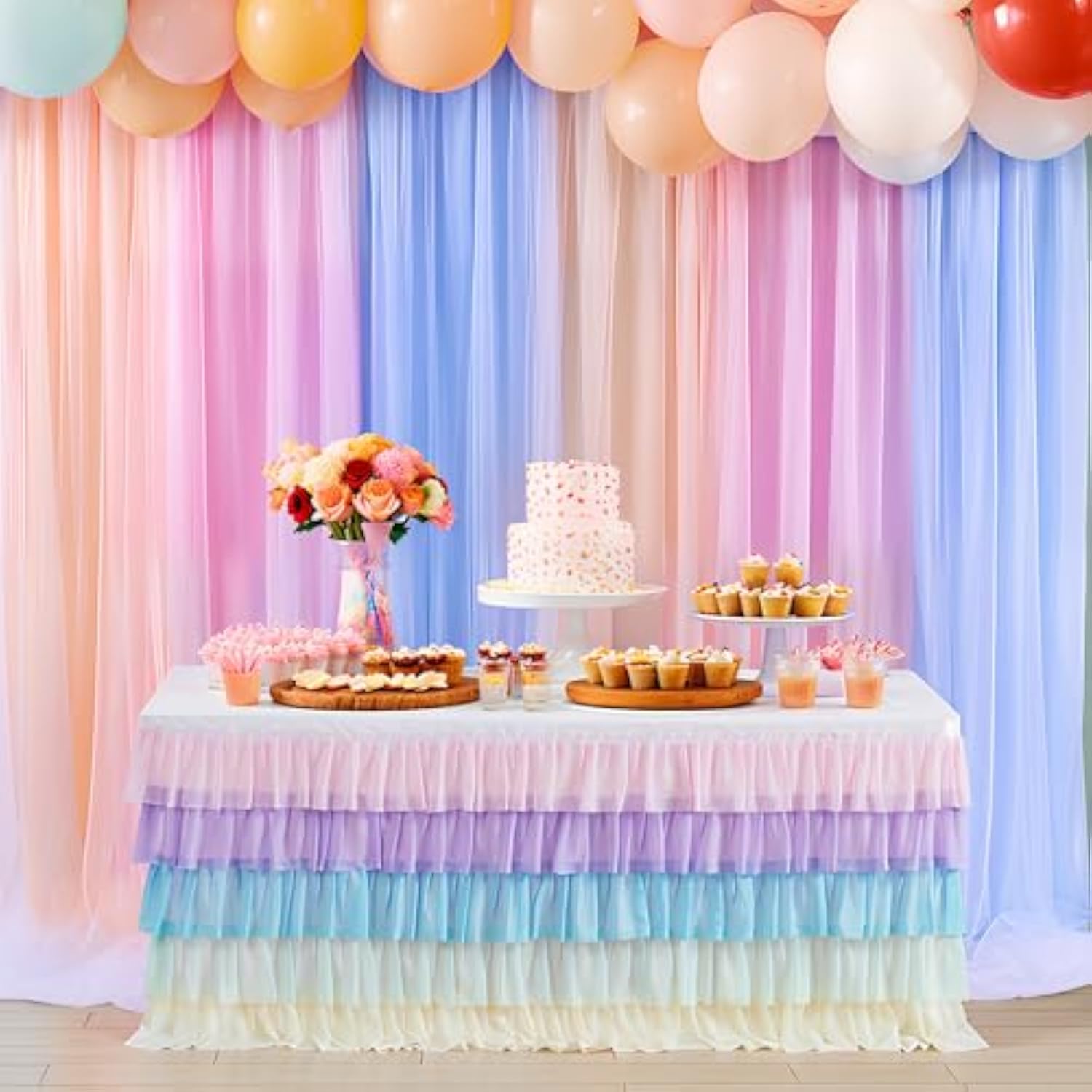 Pastel Rainbow Table Skirt Ruffle Party Tablecloth For Rectangle Table 6Ft Birthday Party Baby Shower