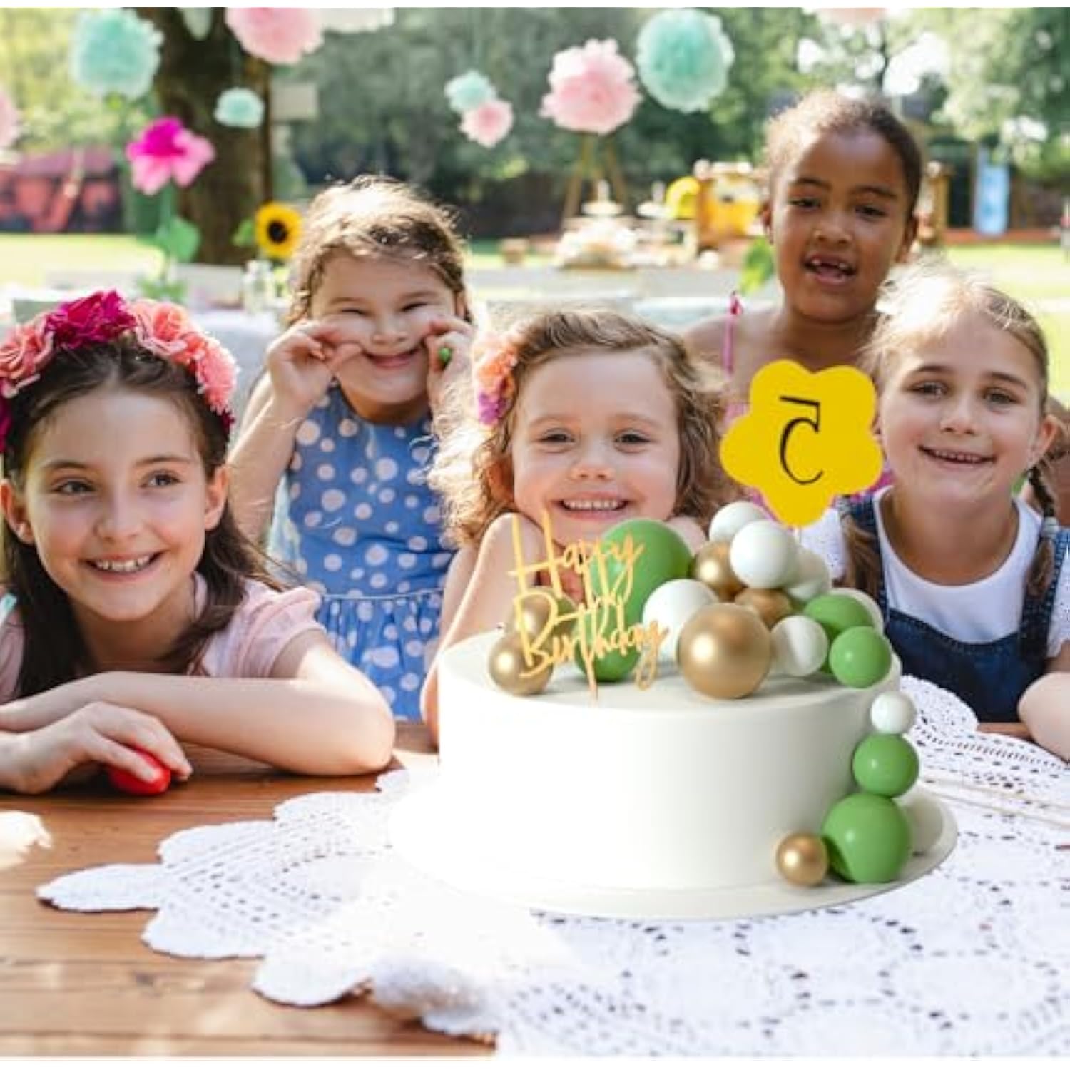 Boho Ball Cake Toppers Green, Gold, & White Grass Insert Decor for Parties