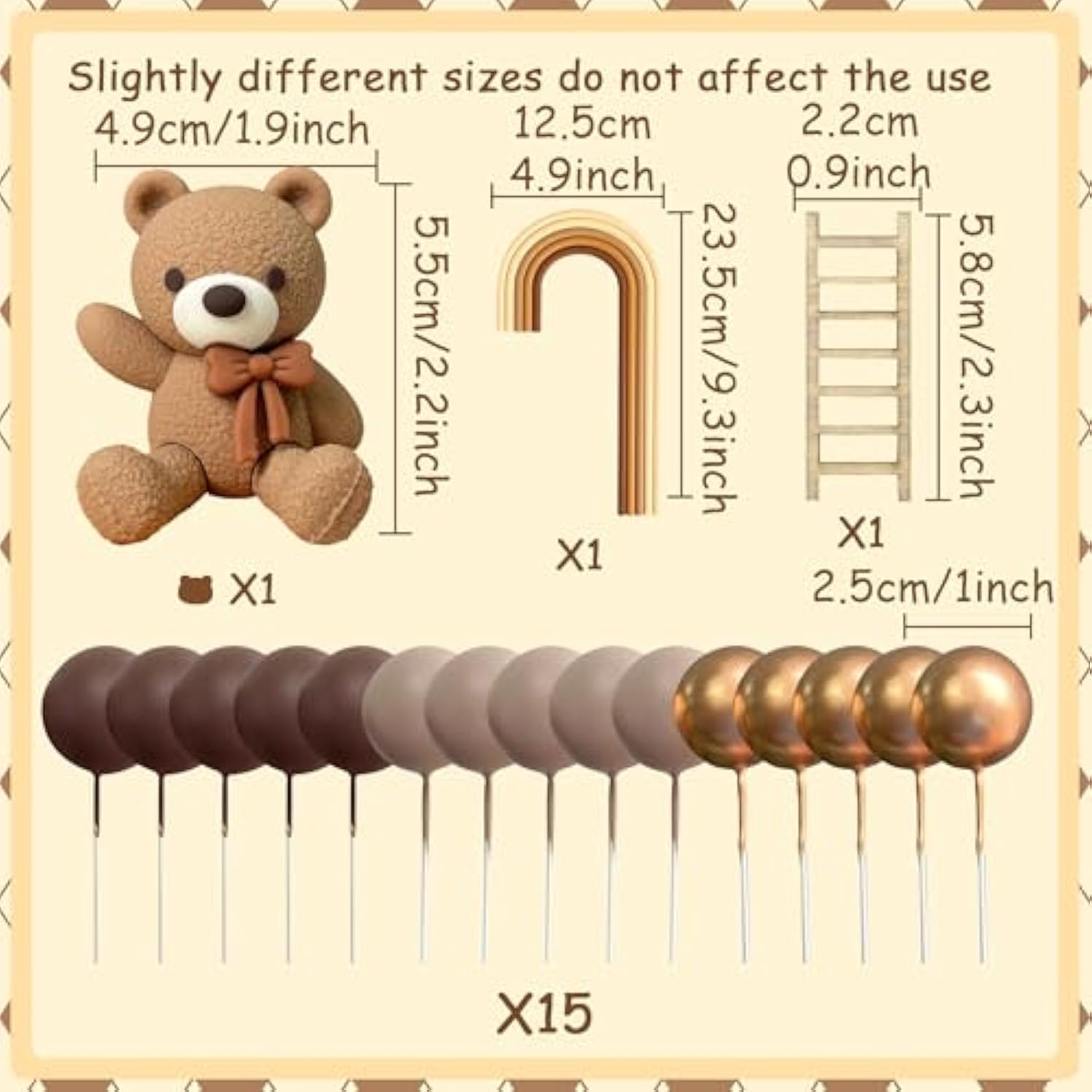 Beige brown bear cake topper with boho balls for baby shower and birthday cake décor