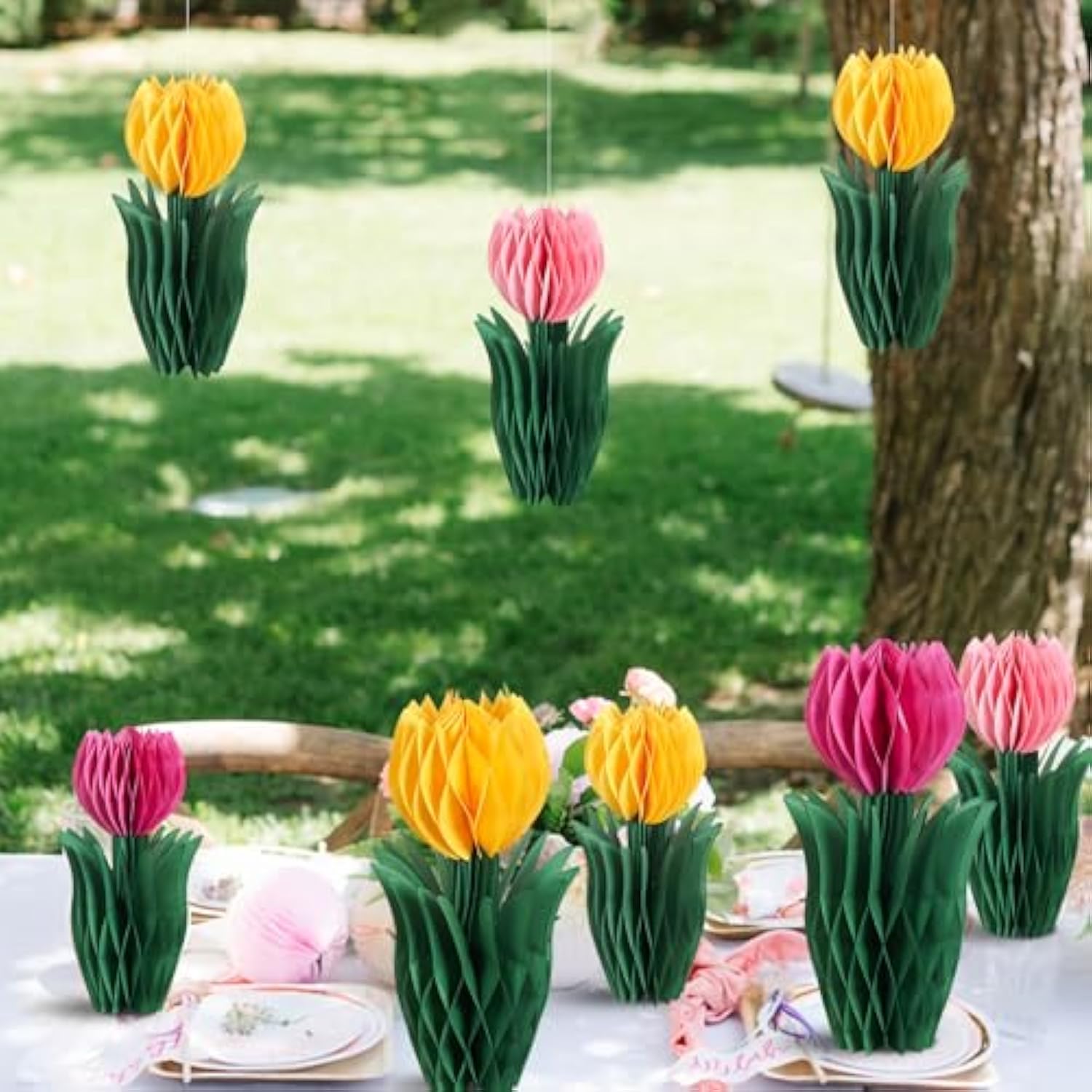8 Pcs Tulip Flower Centerpieces For Tables,Spring Party Decorations For Office,Garden Paper Flower Tulip Honeycomb Decor Spring Home Decoration Pink Yellow Flower For Mother Day.