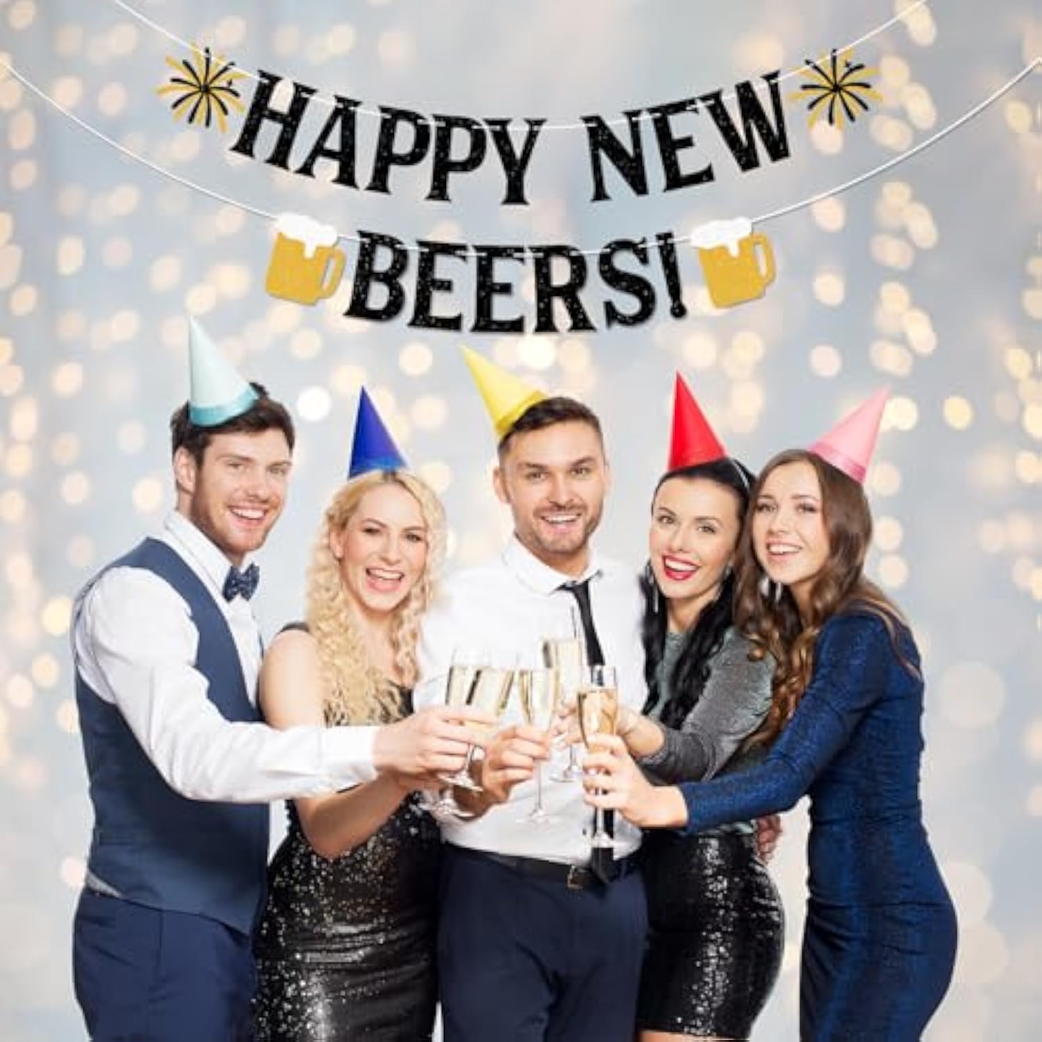 Happy New Beers Banner Black Glitter Beer Theme 2026 Party Decoration