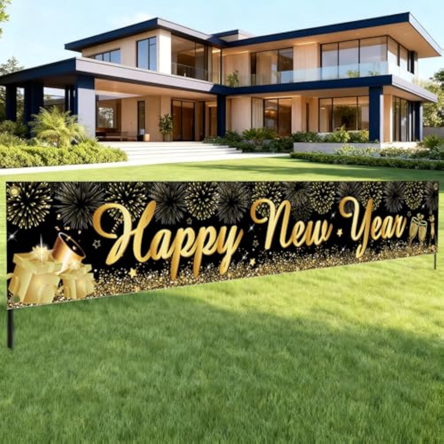 Happy New Year Yard Sign Banner 20x120in Black Gold 2026 Party Decor