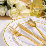 600 Pcs Gold & White Disposable Dinnerware Set For 100 Guests — White Plastic Plates With Gold Rim, Dinner & Salad Plates, Cups, Forks, Knives & Spoons For Weddings & Elegant Events