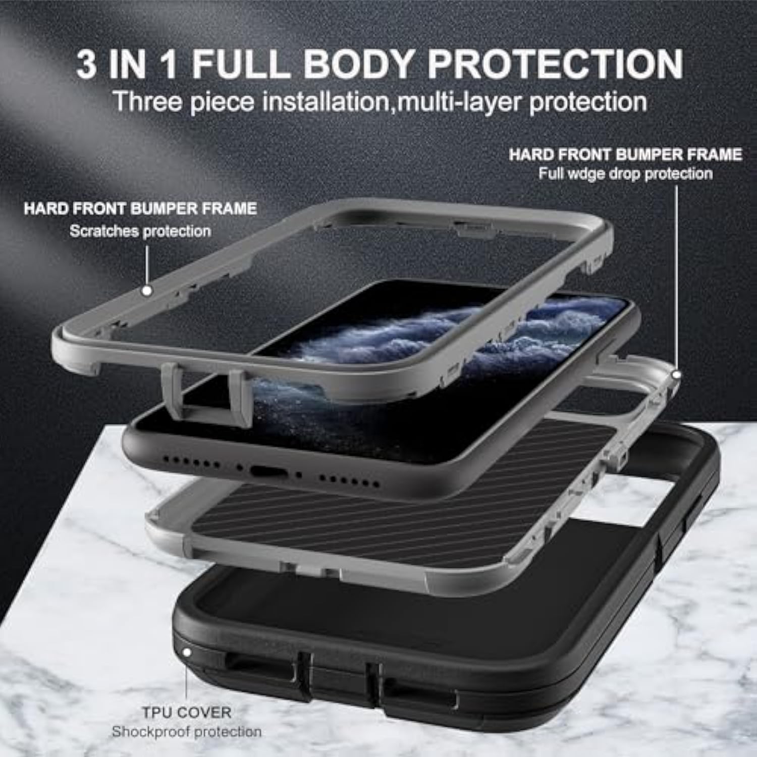 For Iphone 11 Pro Max Case, Military Grade 3 In 1 Heavy Duty Shockproof/Drop Proof/Dust Proof Case With 2Pcs Tempered Glass Screen Protector (Black/Grey)
