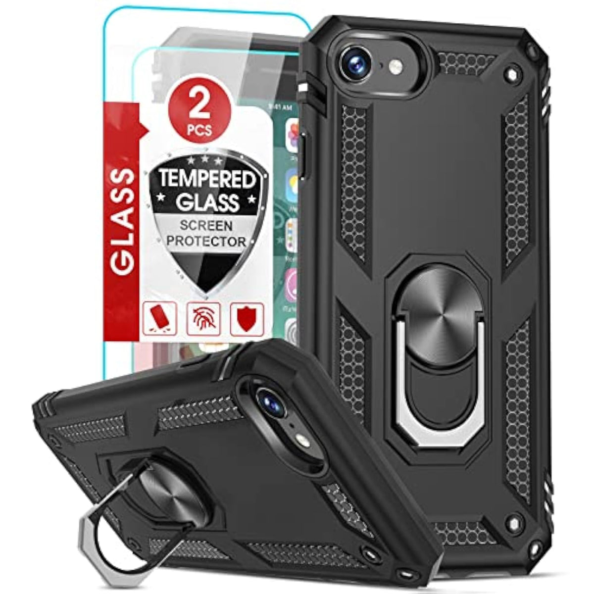 Iphone Se 2022/2020 Case With [2Pack] Tempered Glass Screen Protector, [Military-Grade] Cover With Magnetic Ring Kickstand For 3Rd Generation, Black