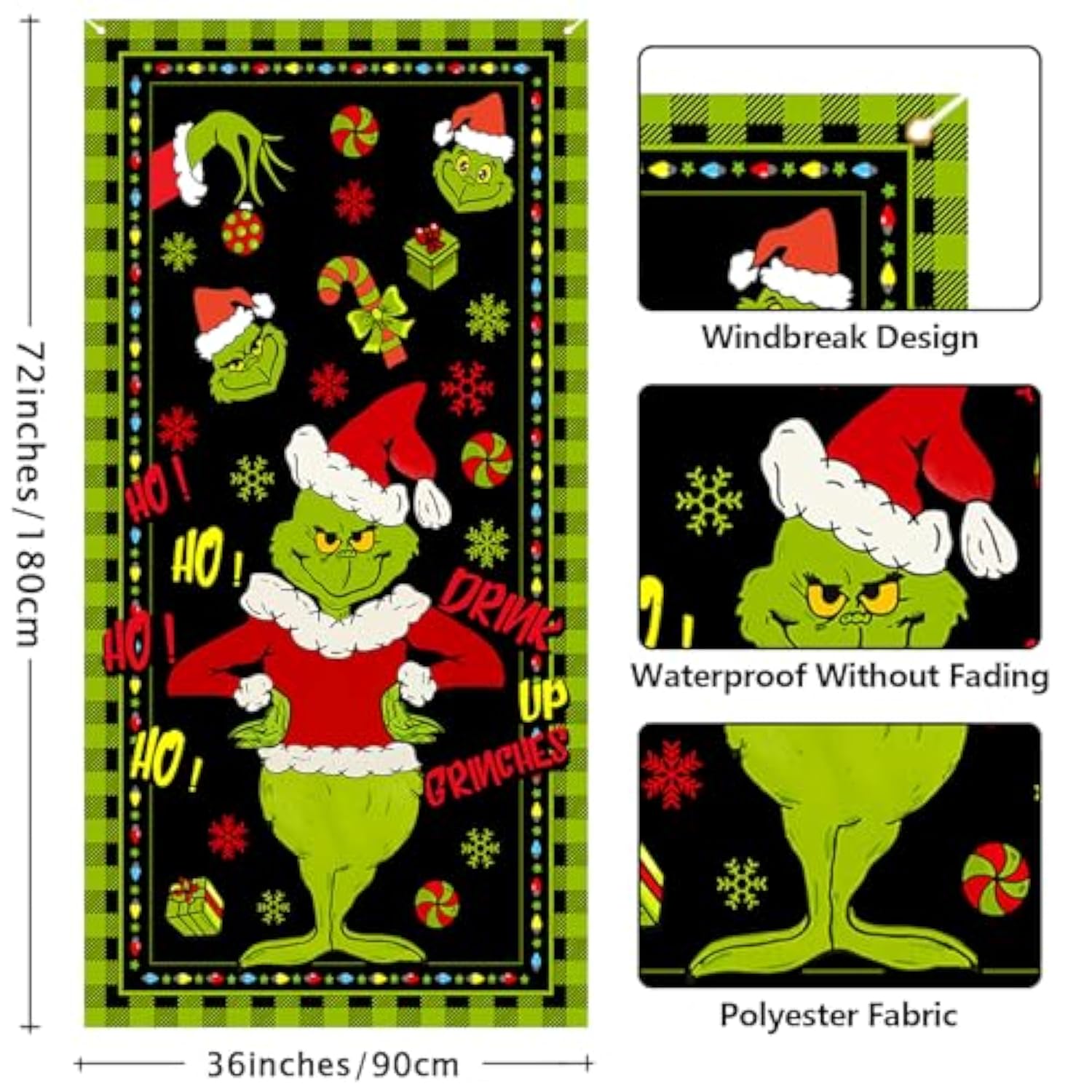 Green Christmas Decorations Door Cover Merry Christmas Door Cover 6 X 3Ft Black Buffalo Grid Flag Photography Banner Christmas Xmas Winter Holiday Home Kitchen
