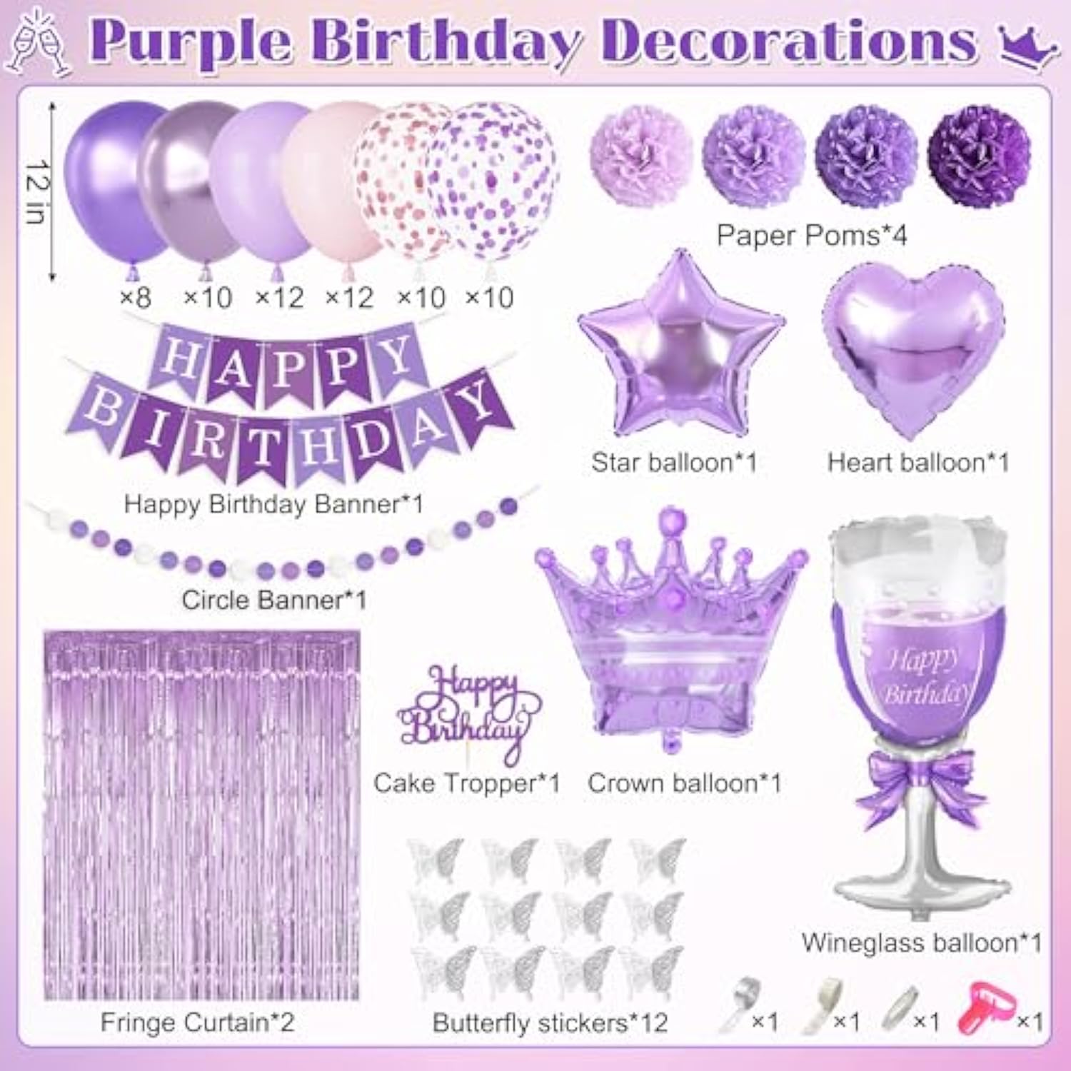Lavender & Pink Birthday Decor Set Balloons, Banner, Curtain & Cake Topper