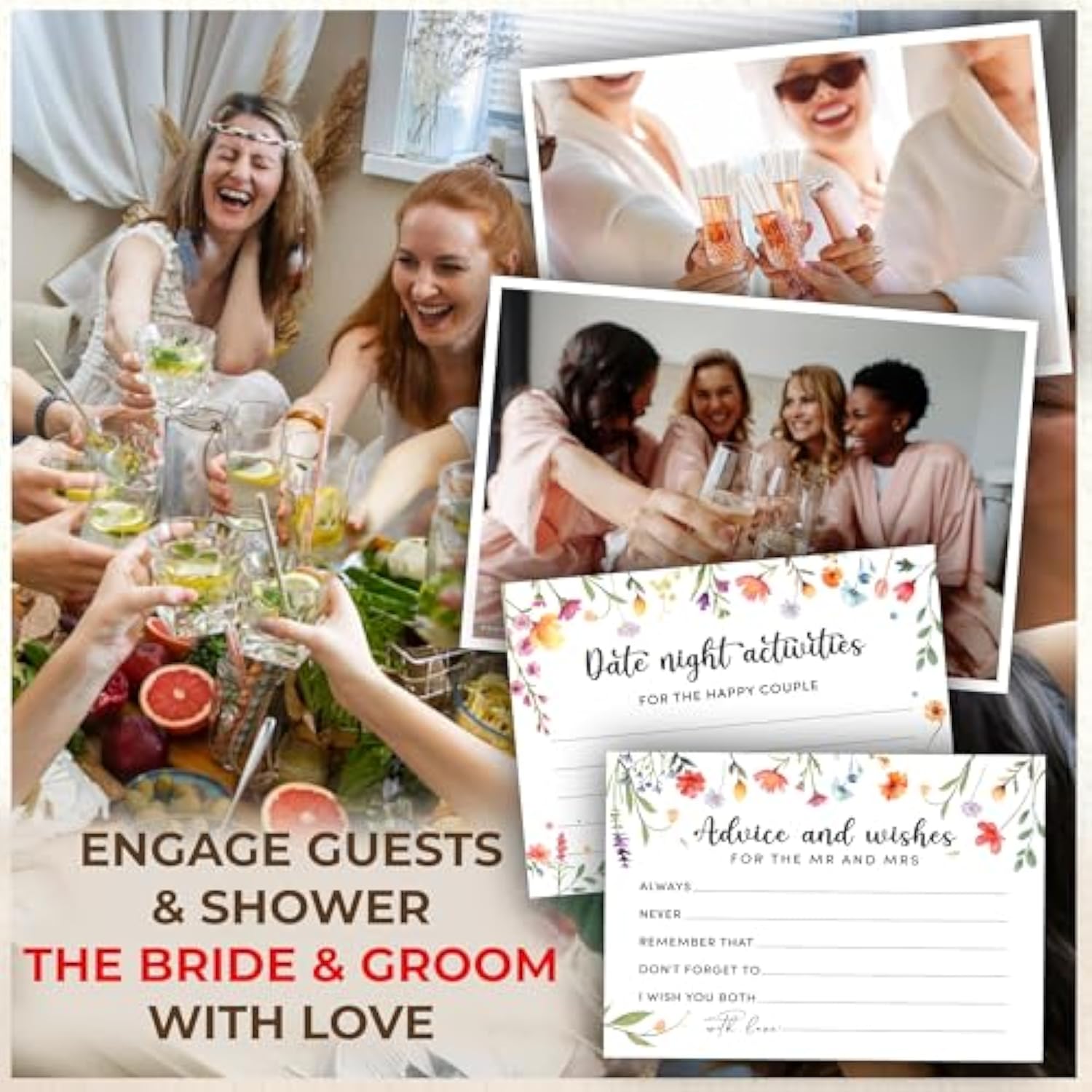 Advice And Wishes For The Mr And Mrs - 50 Pcs Flower Wedding Advice Cards Box, Floral Bridal Shower Games Advice And Wishes Cards For Bride And Groom, Wildflower Bridal Shower Decorations