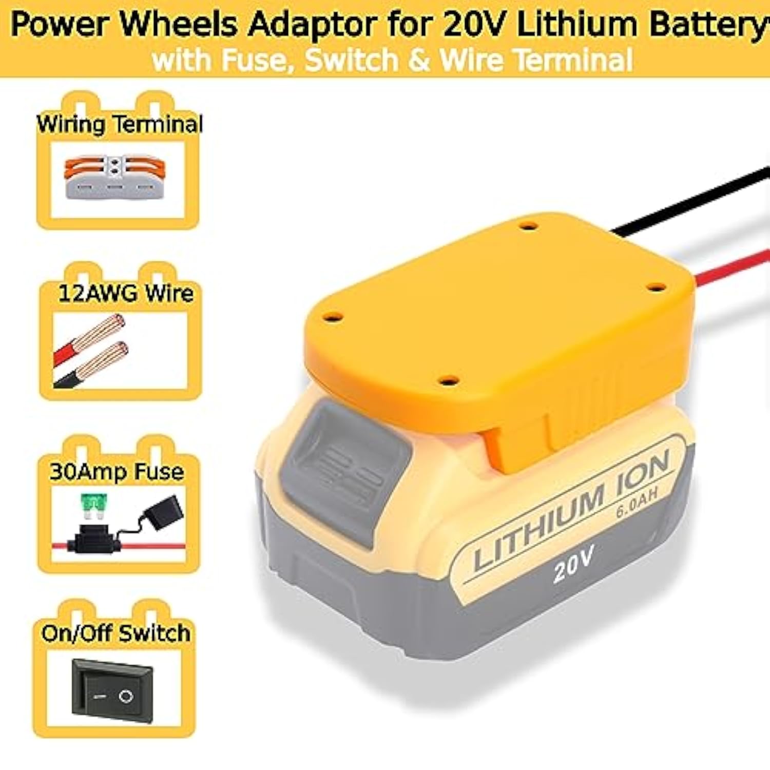 Power Wheels Adapter Compatible With Dewalt 20V Battery With Fuse & Wire Terminals?Work With 20V Dcb205 Dcb206 Dcb200 Lithium Battery Converter For Rc Car,Robotics,Rc Truck,Diy Use