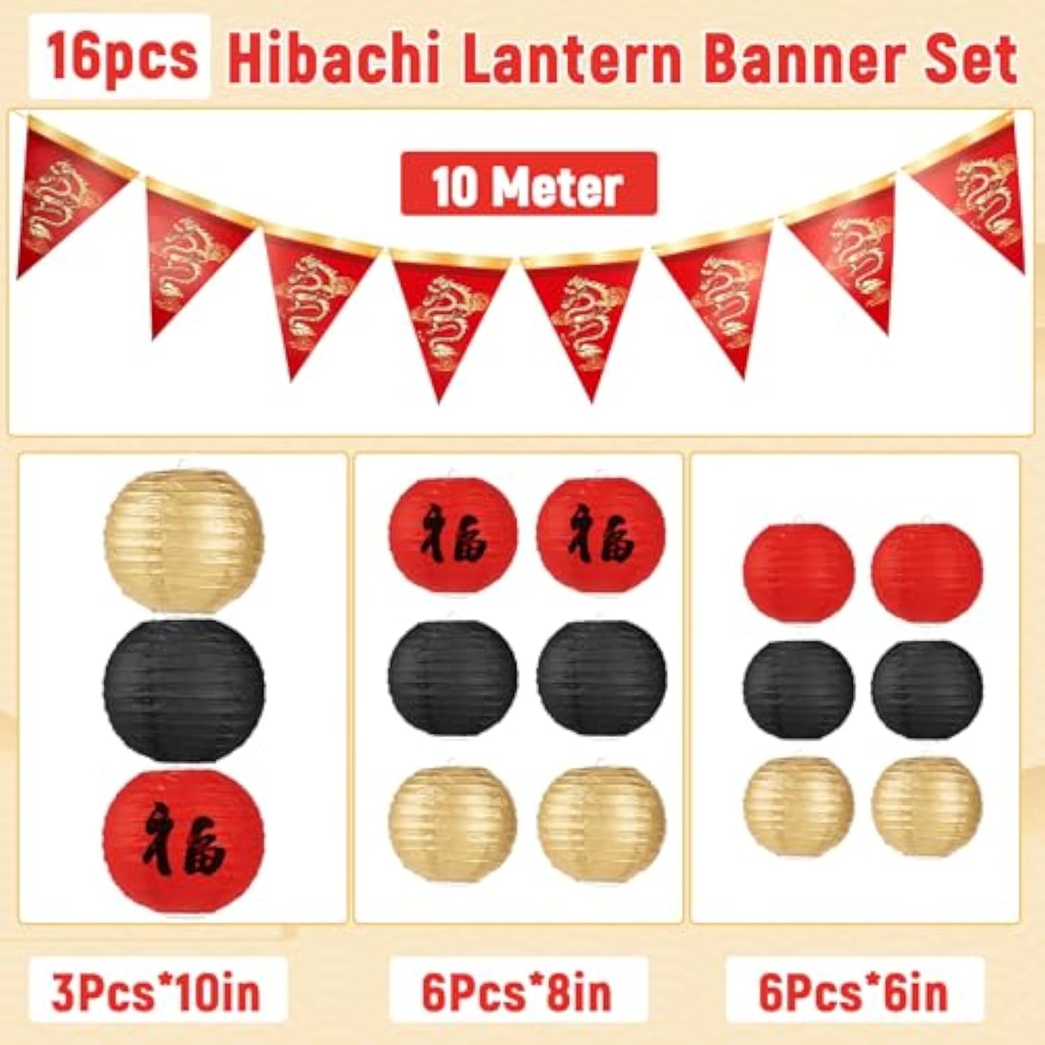 16-Pcs Red, Black & Gold Hibachi Lantern Banner Set Asian Party Decor
