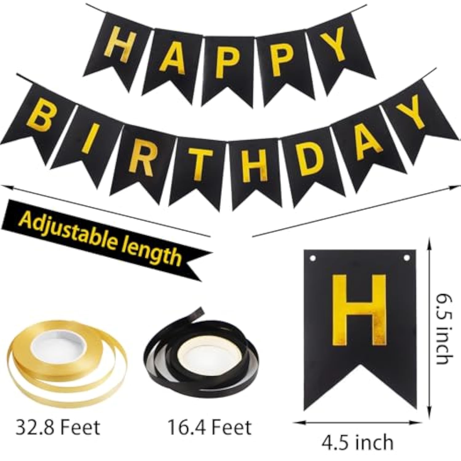 Black Happy Birthday Banner Party Decoration Set, Black Gold Birthday Decoration, 16 Pcs 12In Happy Birthday Balloons With 2 Ribbons For For Women Men Boys Girls Any Ages Birthday Party Decoration