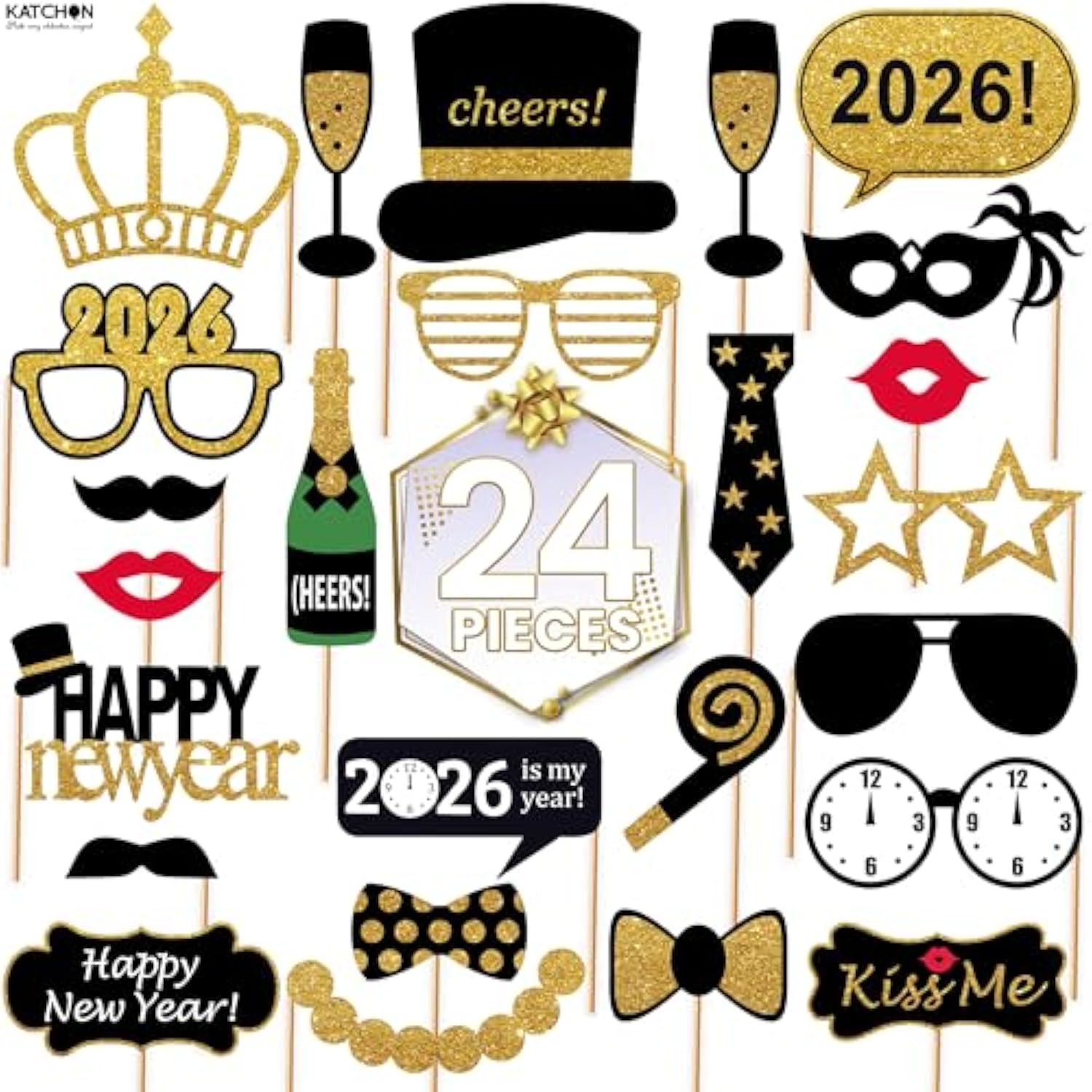 24 Pcs 2026 New Year Photo Booth Props with Glitter for Party Decorations