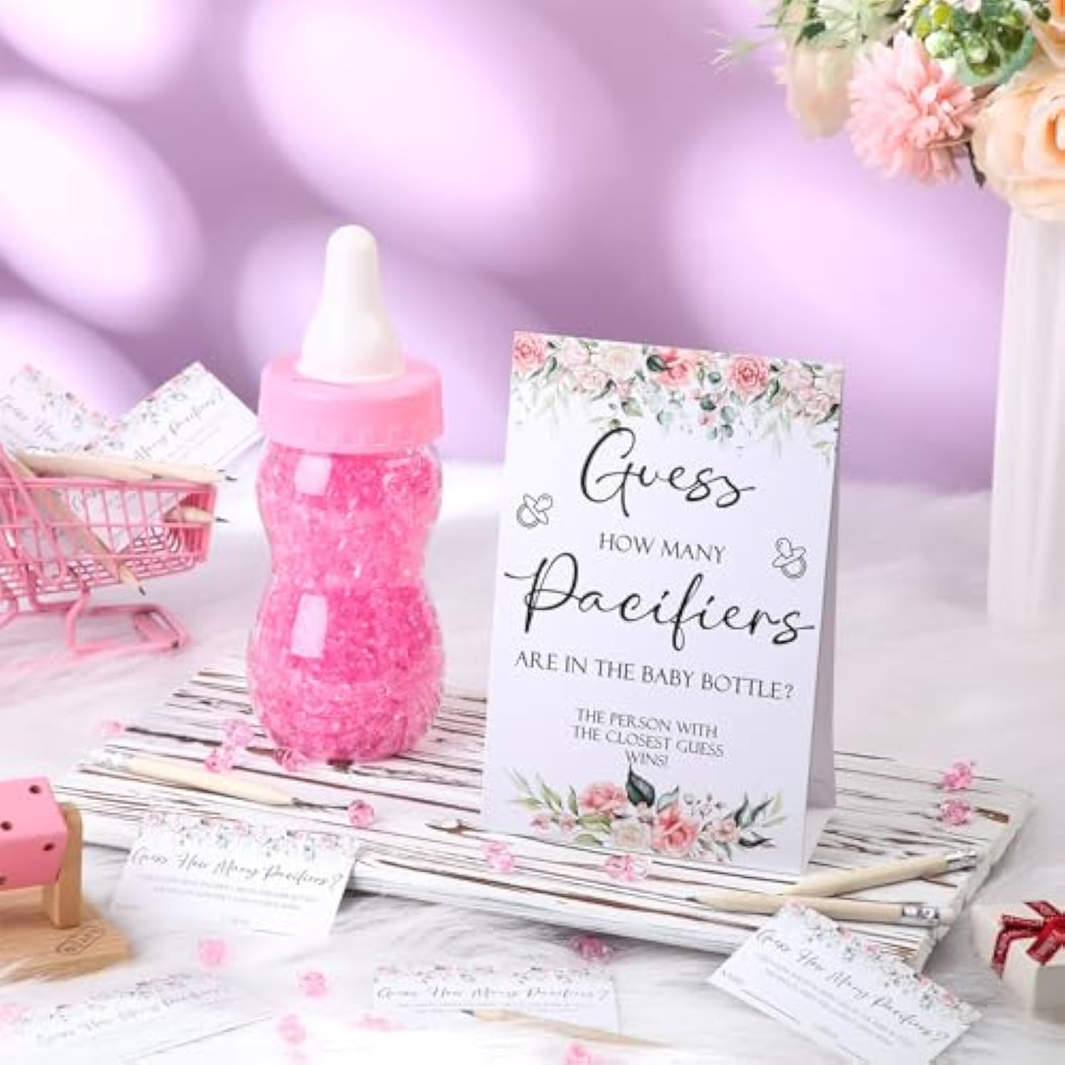 512 Pcs Baby Shower Games Guess How Many Pacifiers Sign 100 Small Guessing Games 10 Hb Pencils 750Ml Milk Bottle 400 Acrylic Pacifiers Decoration For Guest Gender Reveal(Pink,Flower)