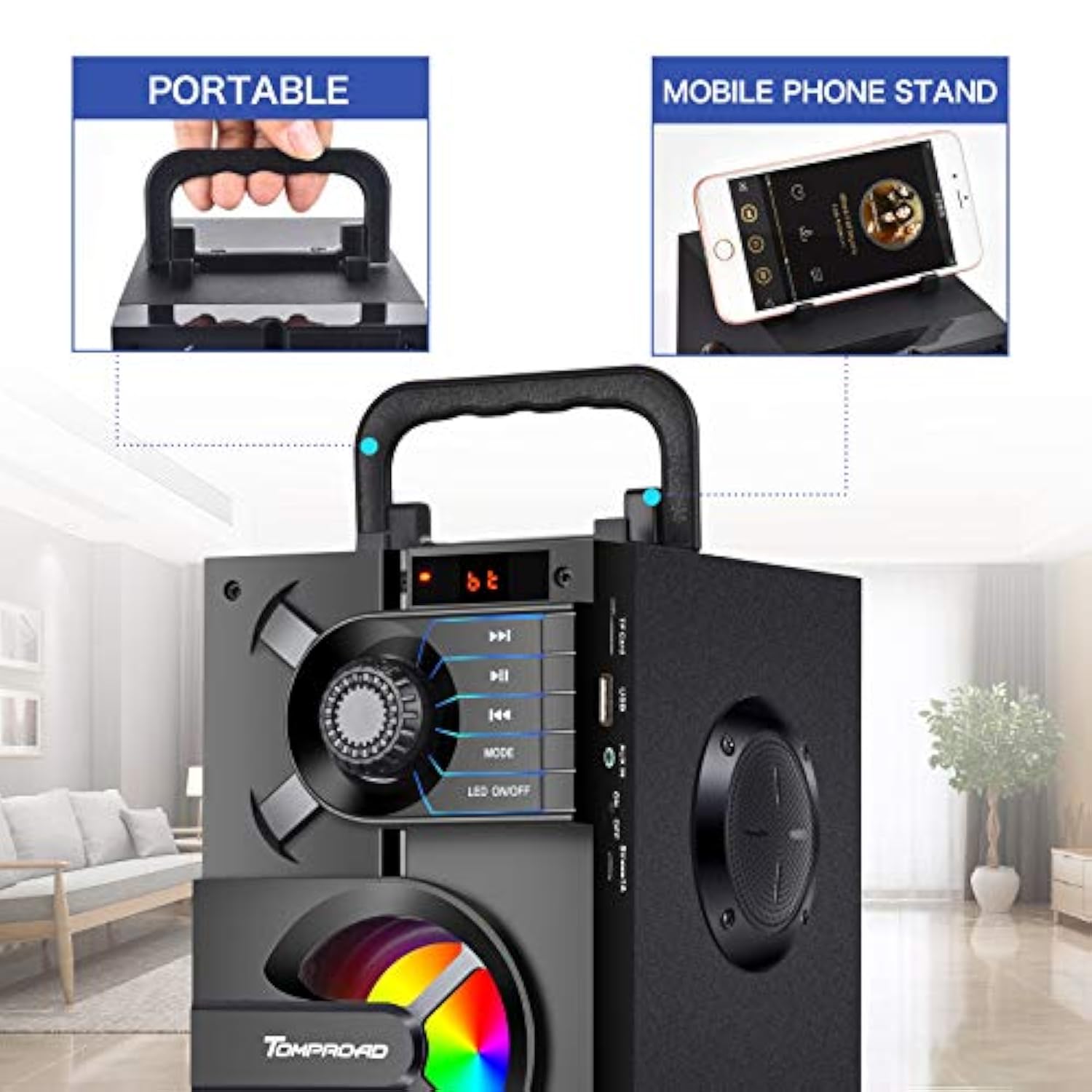 Bluetooth Speaker, Portable Bluetooth Speakers With Subwoofer Wireless Stereo Sound Rich Bass Outdoor Party Speakers Support Remote Control Fm Radio Led Lights