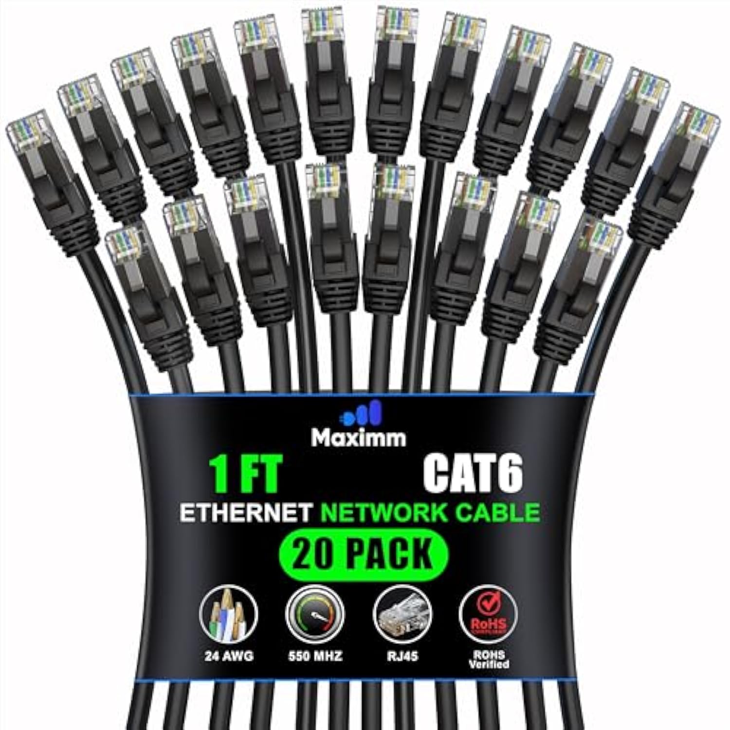 Maximm Cat 6 Ethernet Cable 1 Ft, (20-Pack) Cat6 Cable, LAN Cable, Internet Ca