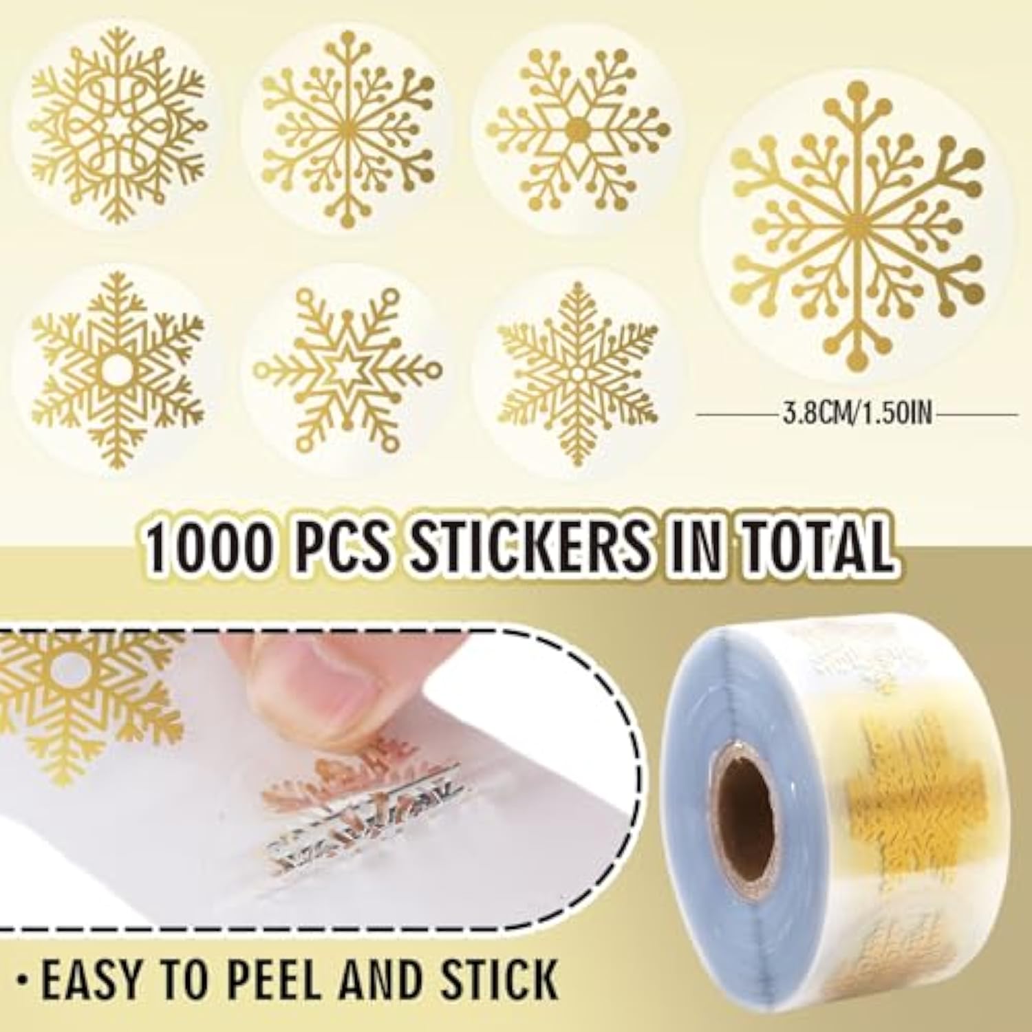 1000Pcs Clear Christmas Stickers Roll Gold Foil Snowflake Stickers Xmas Winter Holiday Round Adhesive Label Stickers Decal For Xmas Envelopes Invitations Cards Gifts Decor, 6 Designs