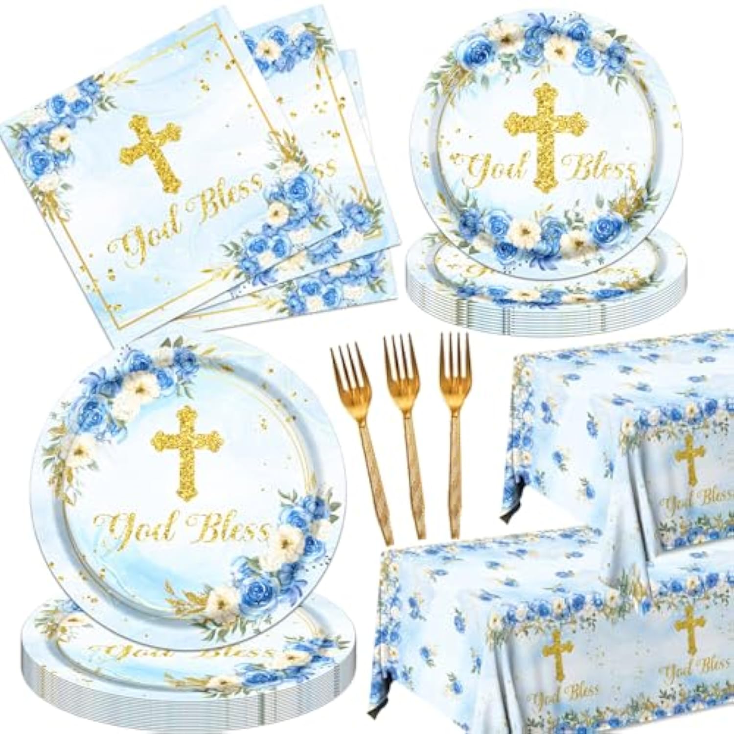 God Bless Plates And Napkins Baptism First Holy Communion Party Tableware Decorations For Boy Christening Ceremony Newborn Theme Disposable Plates,Tablecloth,Napkins And Forks