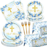 God Bless Plates And Napkins Baptism First Holy Communion Party Tableware Decorations For Boy Christening Ceremony Newborn Theme Disposable Plates,Tablecloth,Napkins And Forks