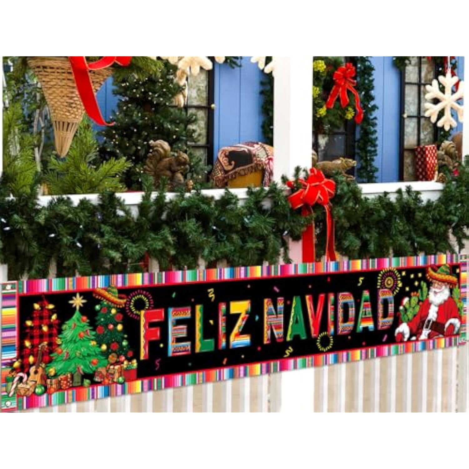 Feliz Navidad Fence Banner Mexican Christmas Spanish Winter Holiday Party Decoration Large Home Garden Outdoor Yard Hanging Sign-1.6 * 8.2Ft