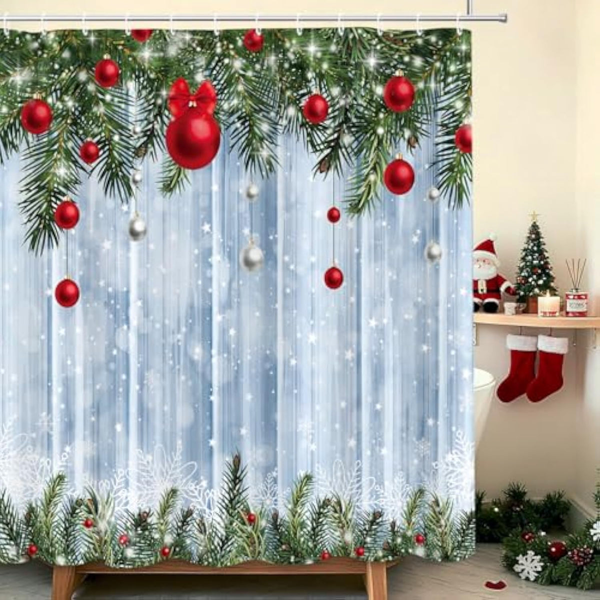 Christmas Shower Curtain,Winter Christmas Pine Farmhouse Rustic Wood Merry Xmas Shower Curtain,Pine Tree Xmas Ball Snowflake Holiday Bathroom Decor Curtains With 12 Hooks,72X72 In